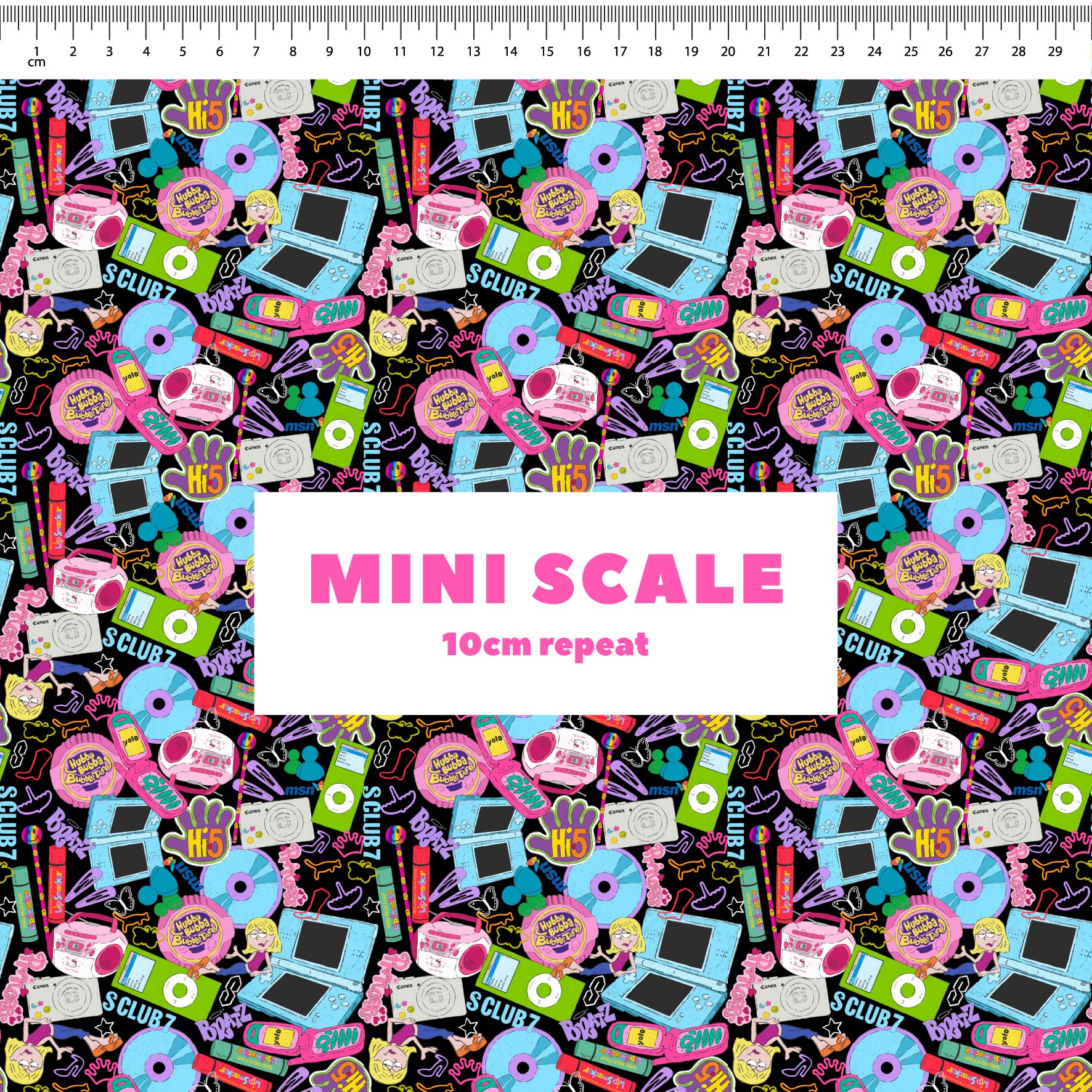 00s Mash Up (Black) printed cotton fabric by The Colour Collab in 10cm Mini Scale
