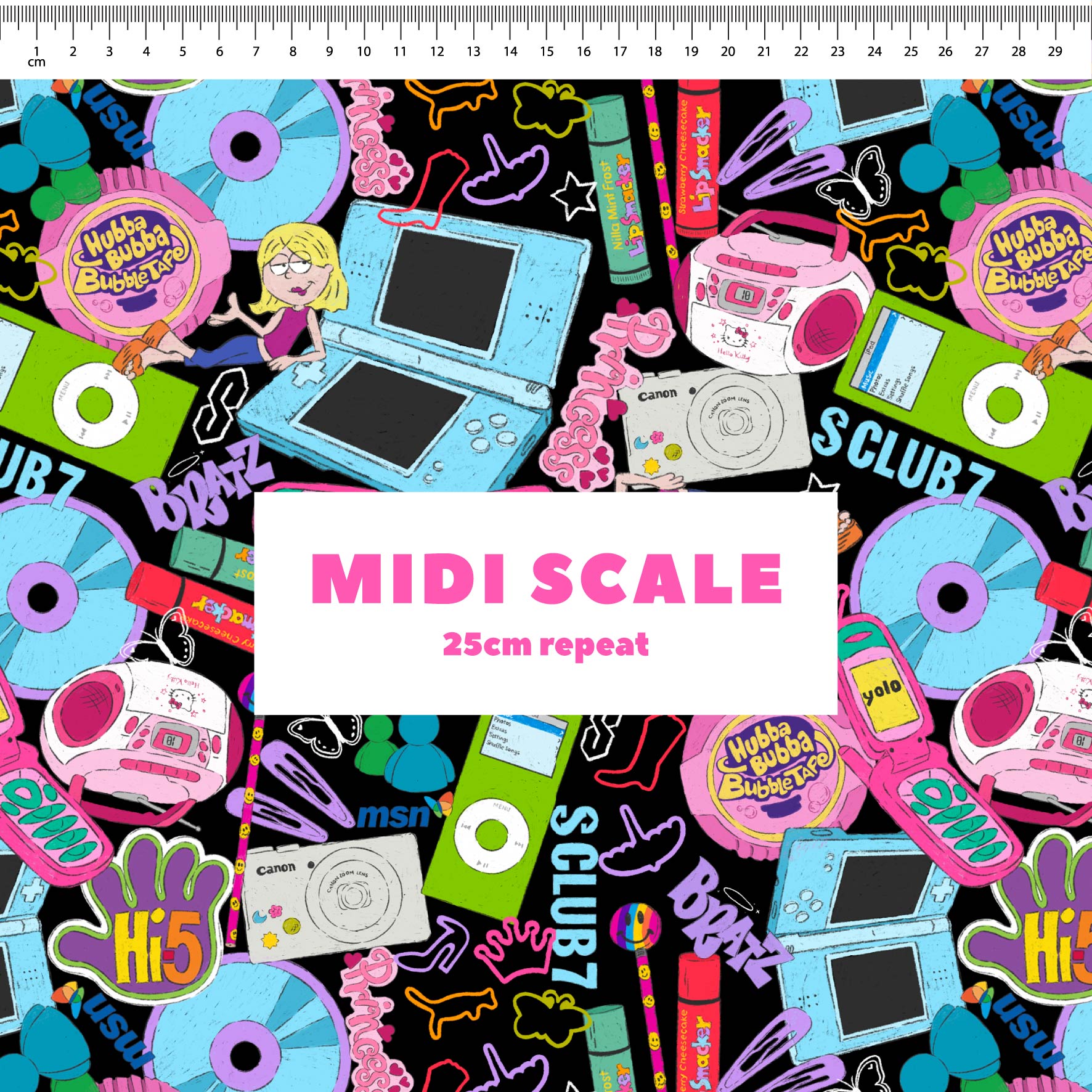 00s Mash Up (Black) fabric design by The Colour Collab in 25cm Midi Scale