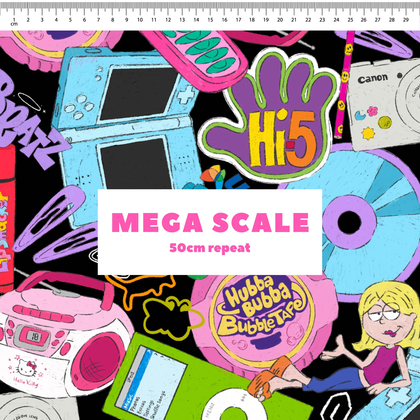 00s Mash Up (Black) fabric print by The Colour Collab in 50cm Mega Scale