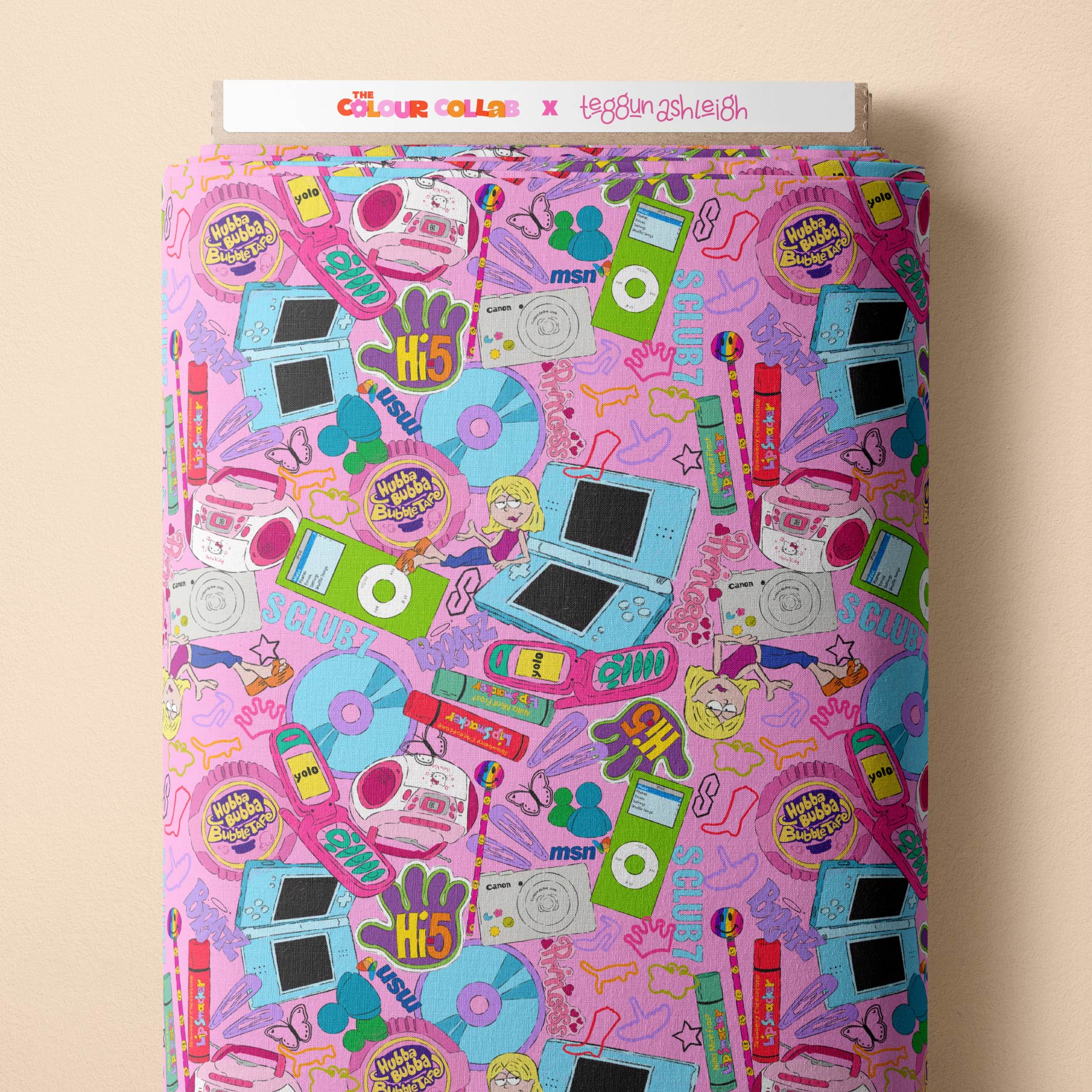 00s Mash Up (Pink) fabric by The Colour Collab mock up on fabric bolt