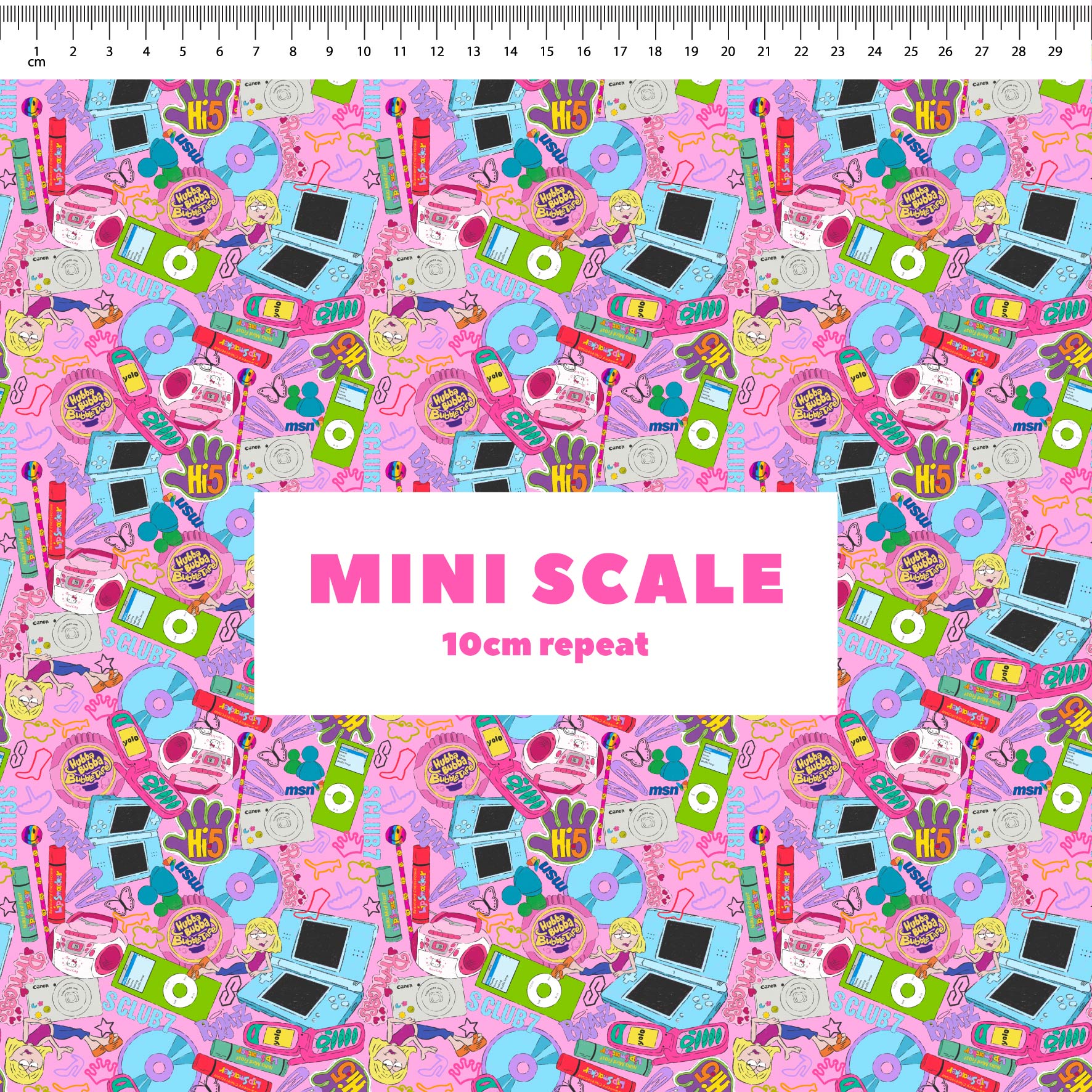 00s Mash Up (Pink) printed cotton fabric by The Colour Collab in 10cm Mini Scale