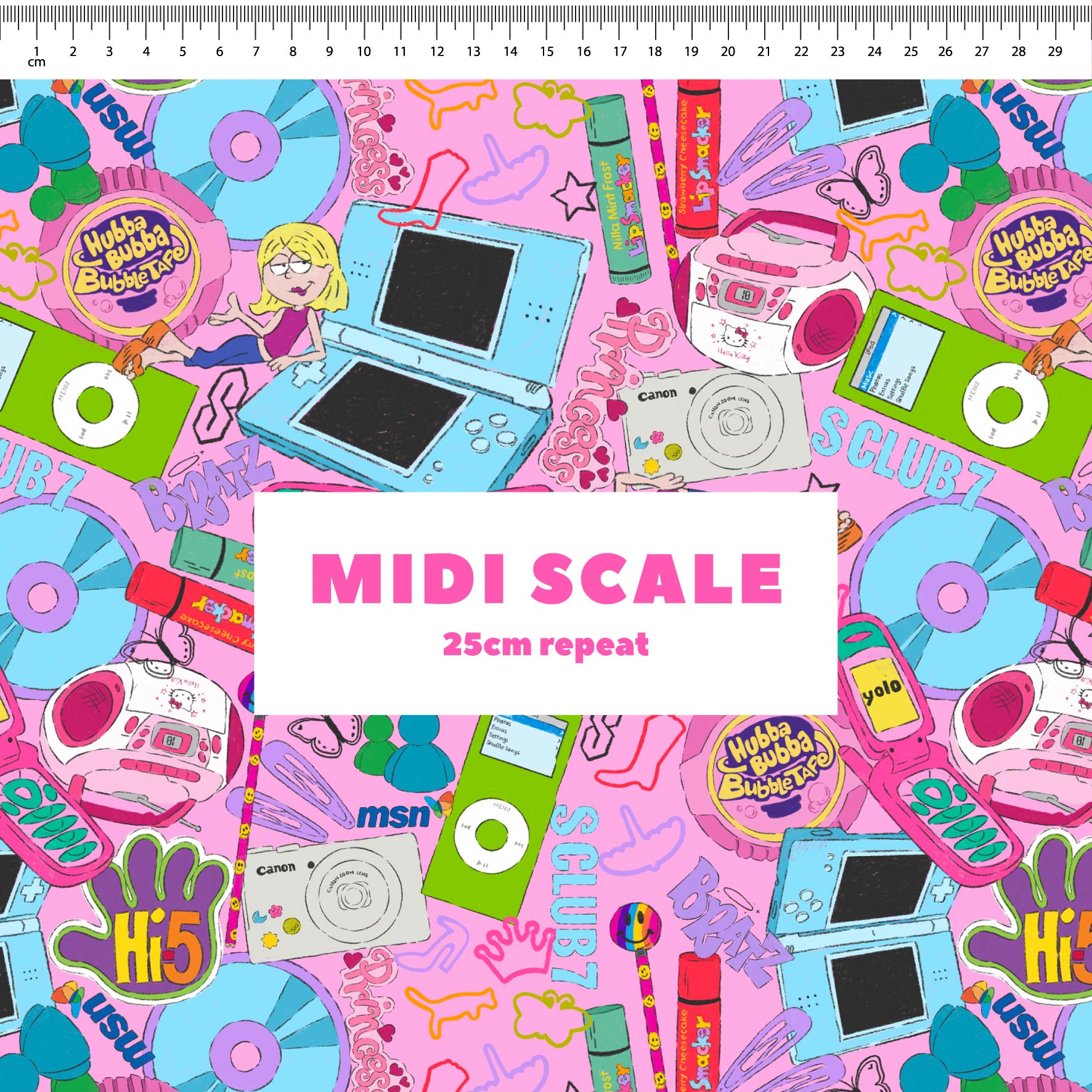 00s Mash Up (Pink) fabric design by The Colour Collab in 25cm Midi Scale