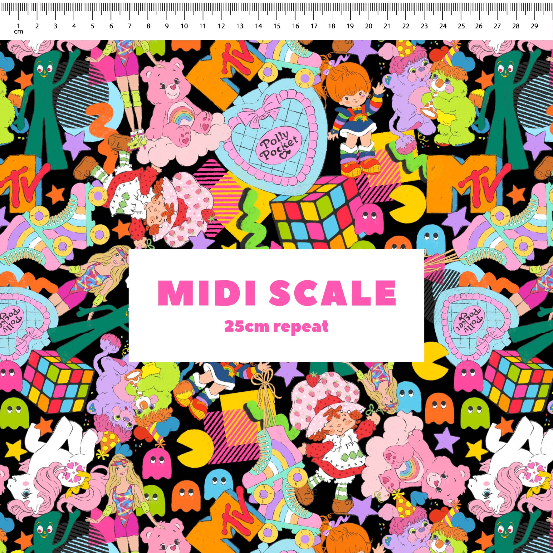 80s Mash Up (Black) fabric design by The Colour Collab in 25cm Midi Scale