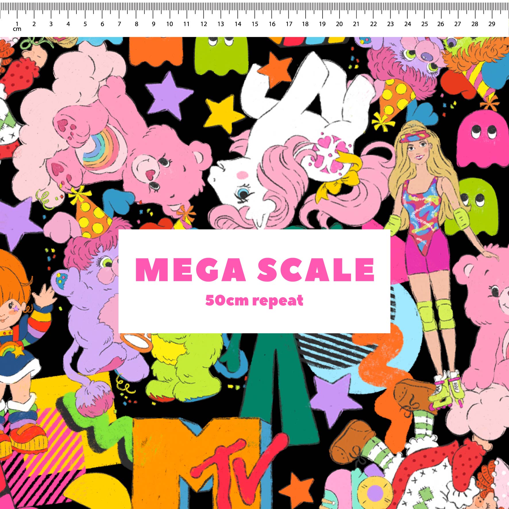 80s Mash Up (Black) fabric print by The Colour Collab in 50cm Mega Scale