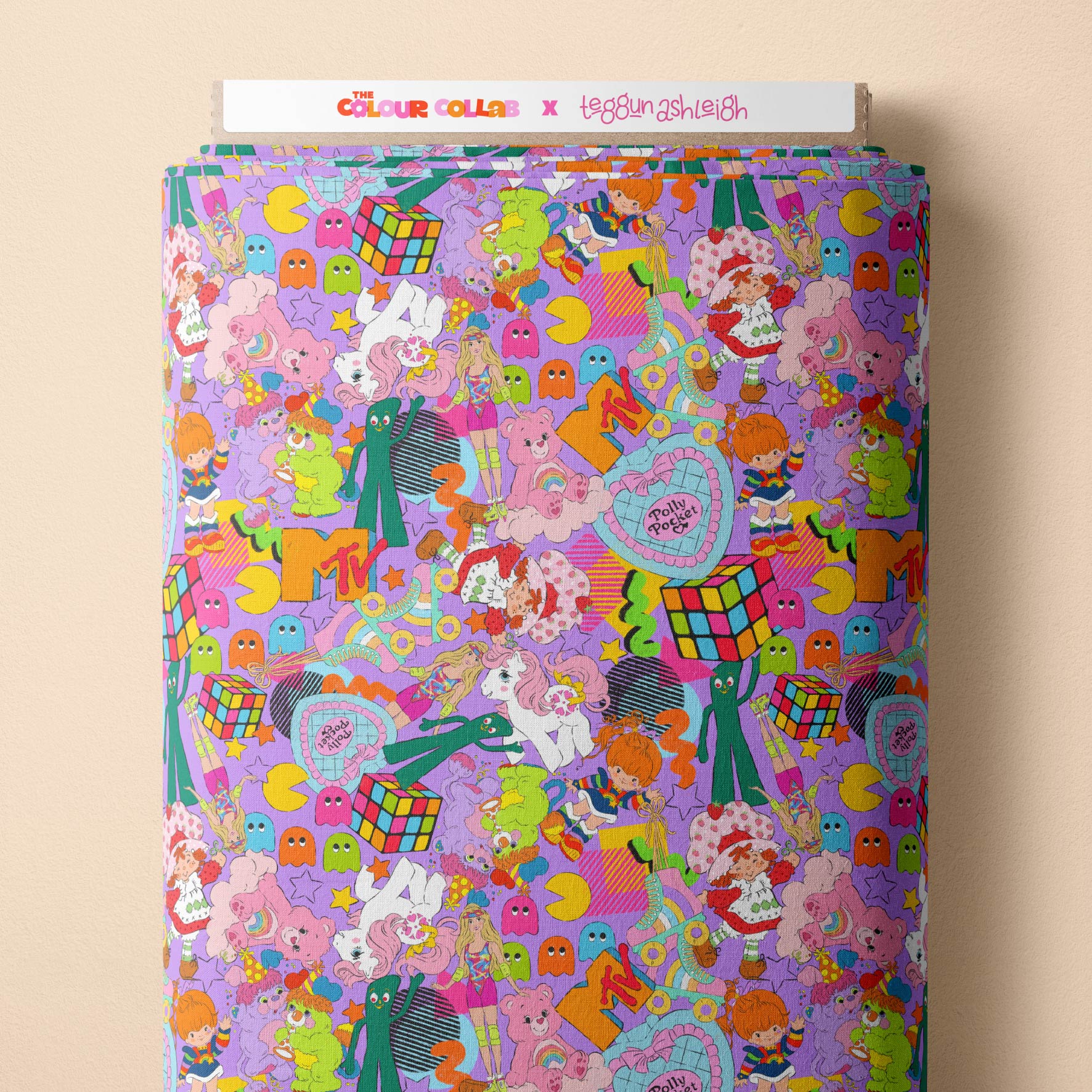 80s Mash Up (Purple) fabric by The Colour Collab mock up on fabric bolt