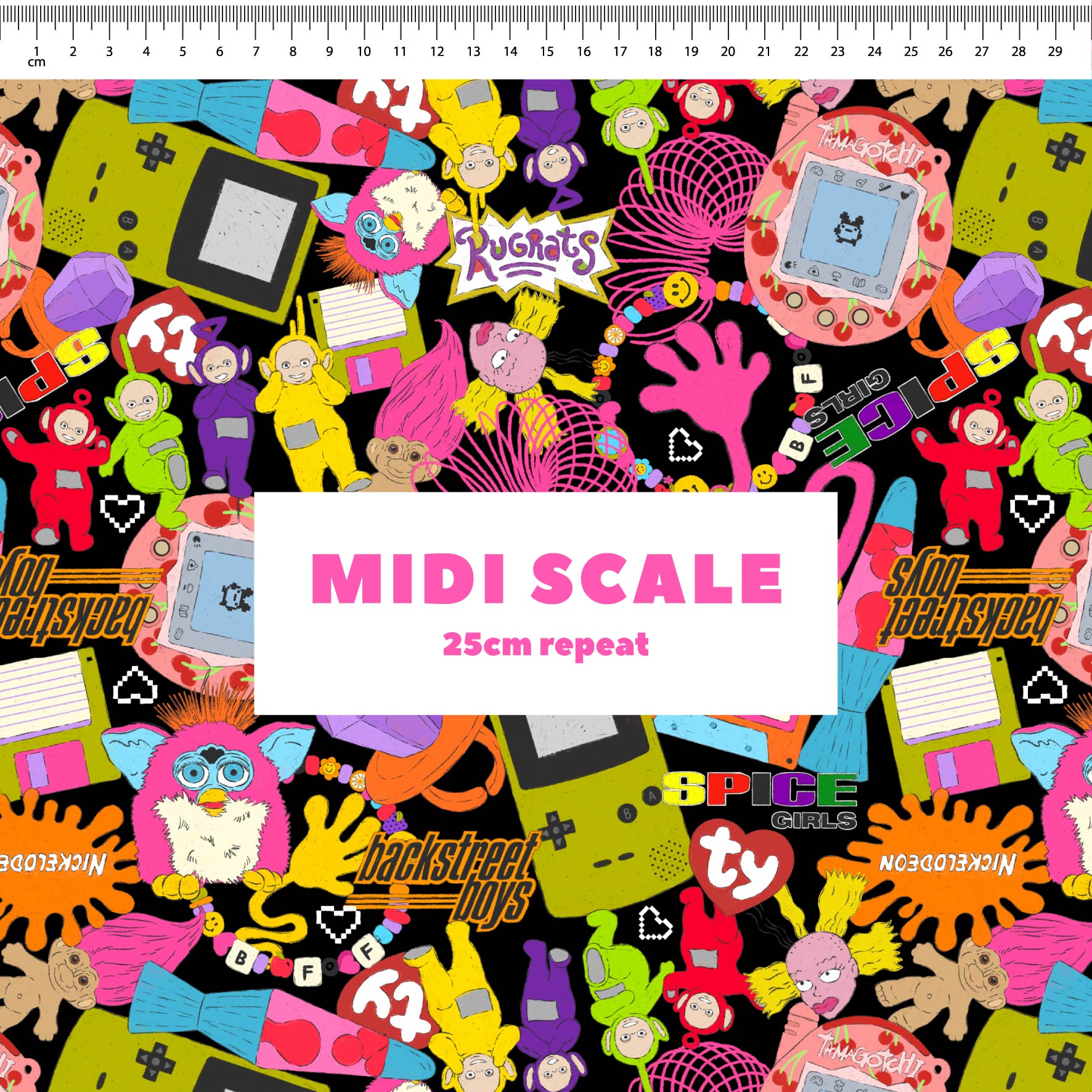 90s Mash Up (Black) fabric design by The Colour Collab in 25cm Midi Scale