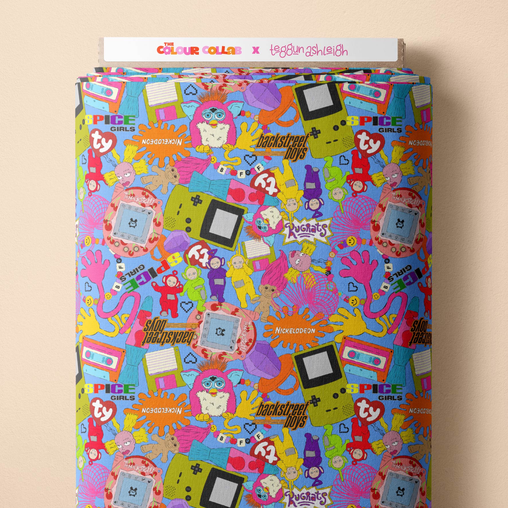 90s Mash Up (Blue) fabric by The Colour Collab mock up on fabric bolt