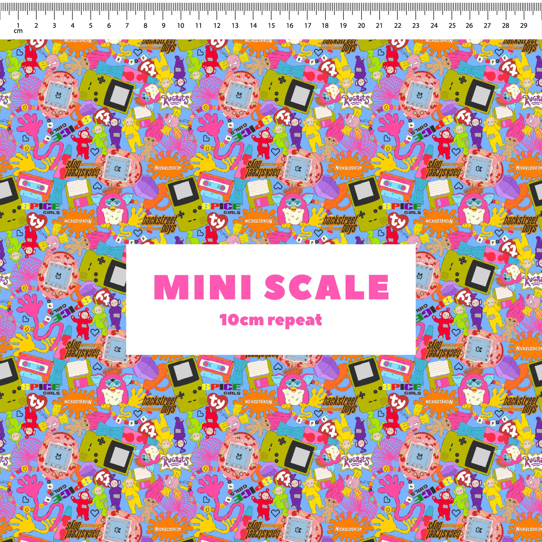 90s Mash Up (Blue) printed cotton fabric by The Colour Collab in 10cm Mini Scale