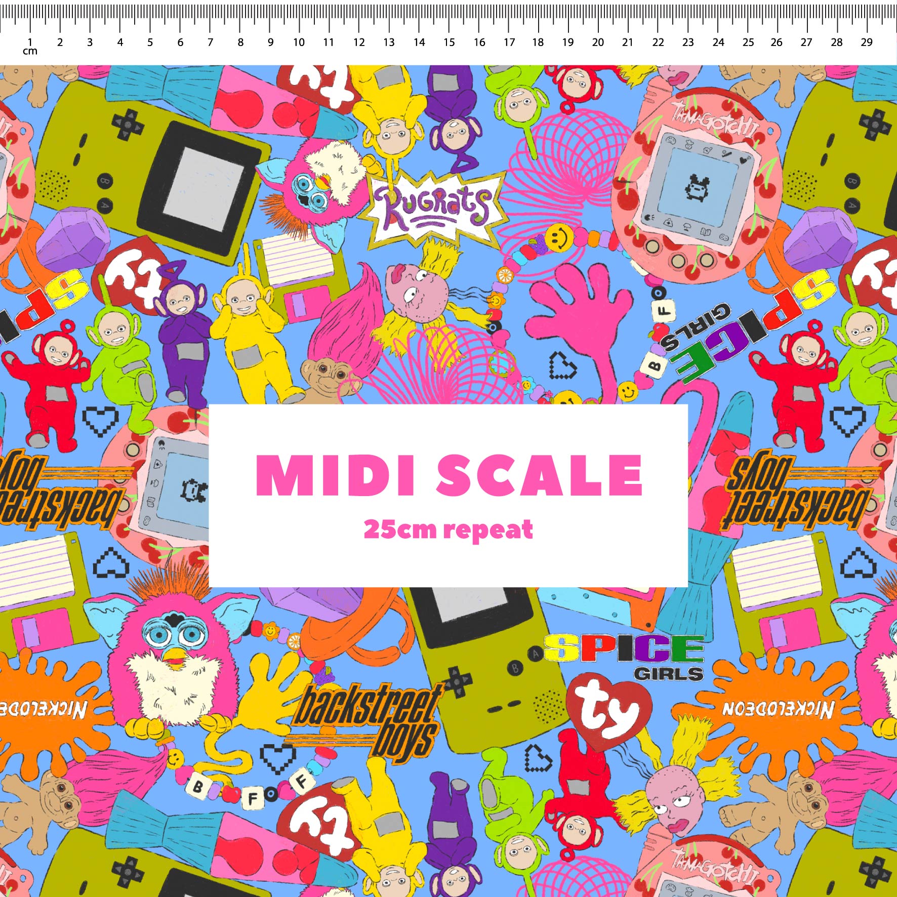 90s Mash Up (Blue) fabric design by The Colour Collab in 25cm Midi Scale
