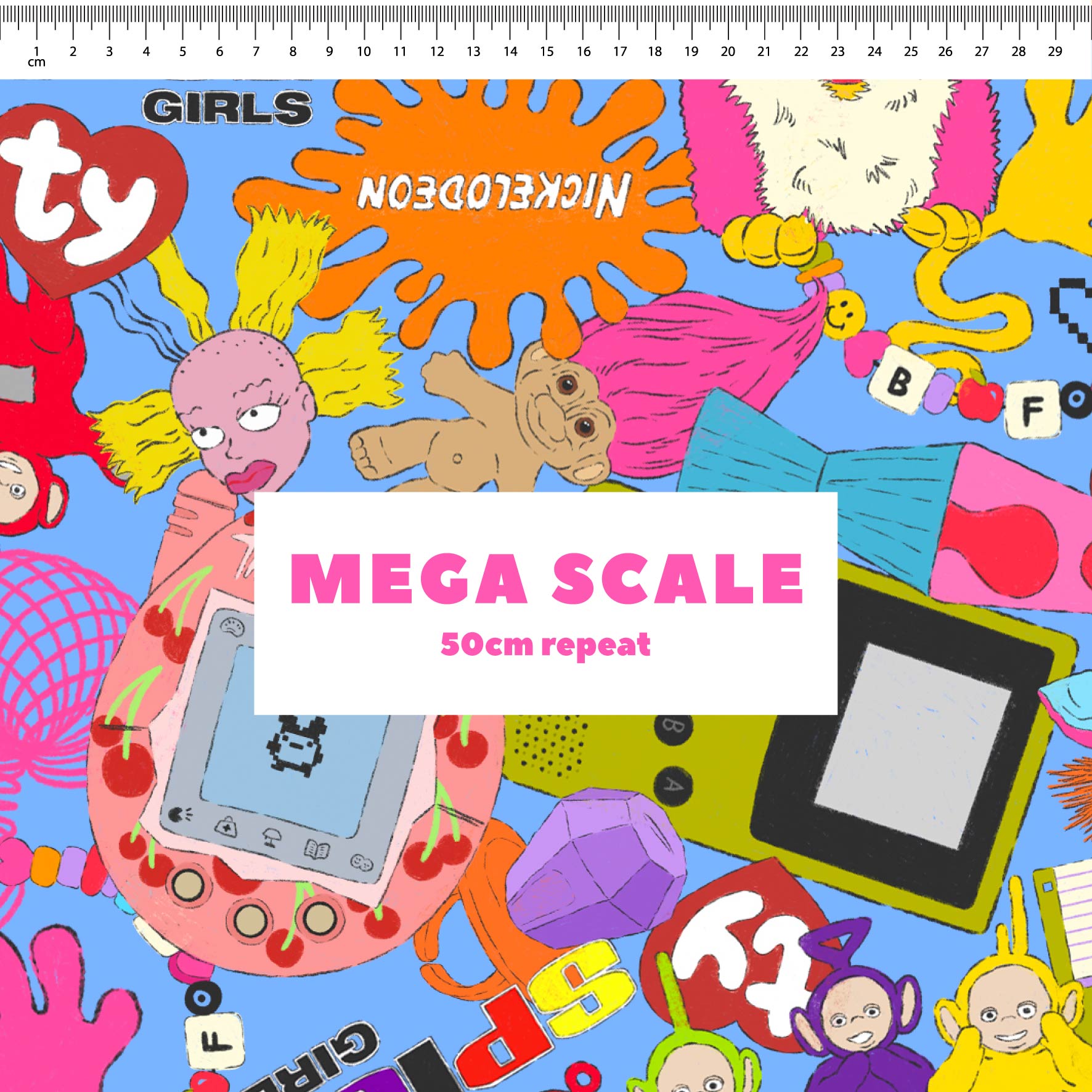 90s Mash Up (Blue) fabric print by The Colour Collab in 50cm Mega Scale