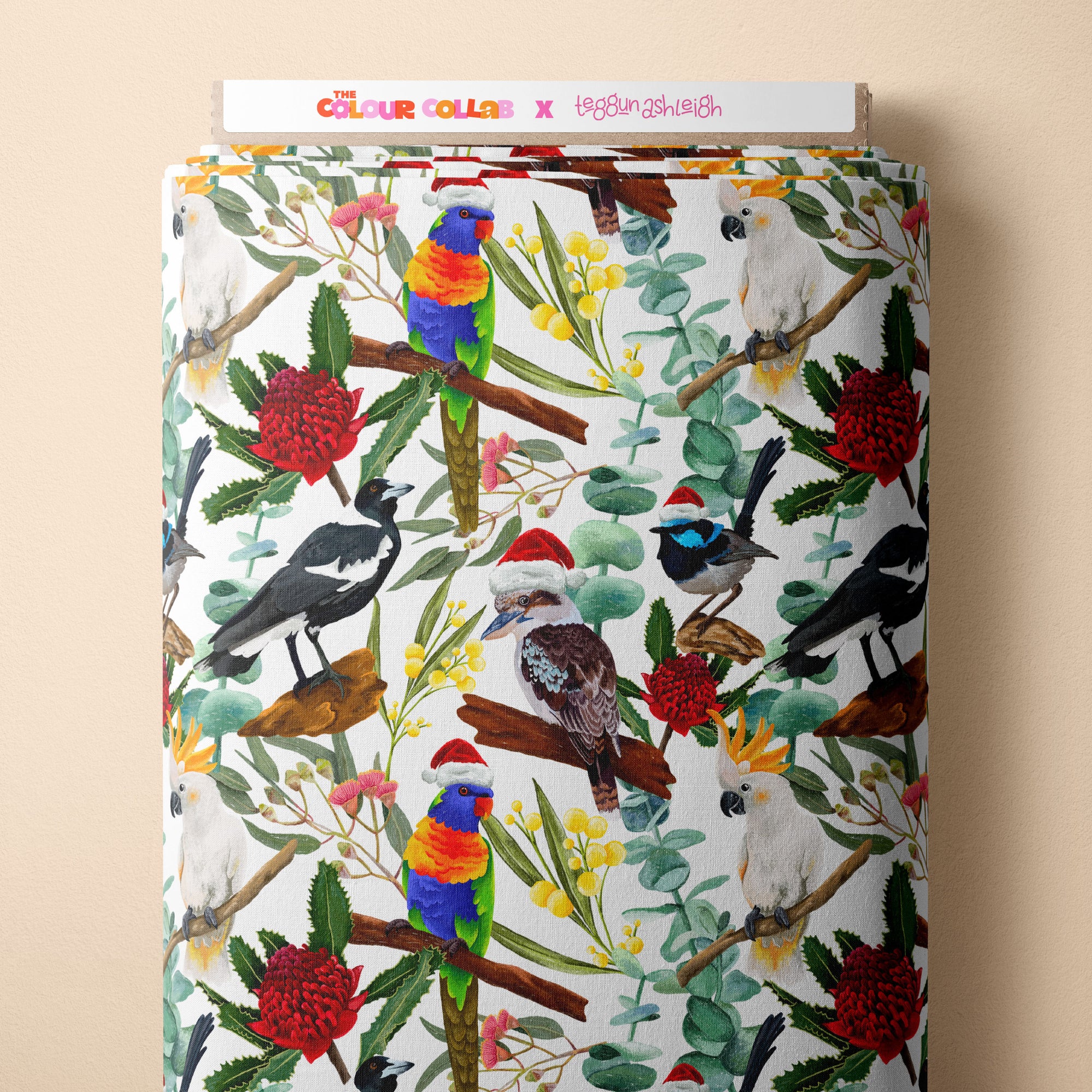 Aussie Christmas Birds w/ Santa Hats Preorder Fabric