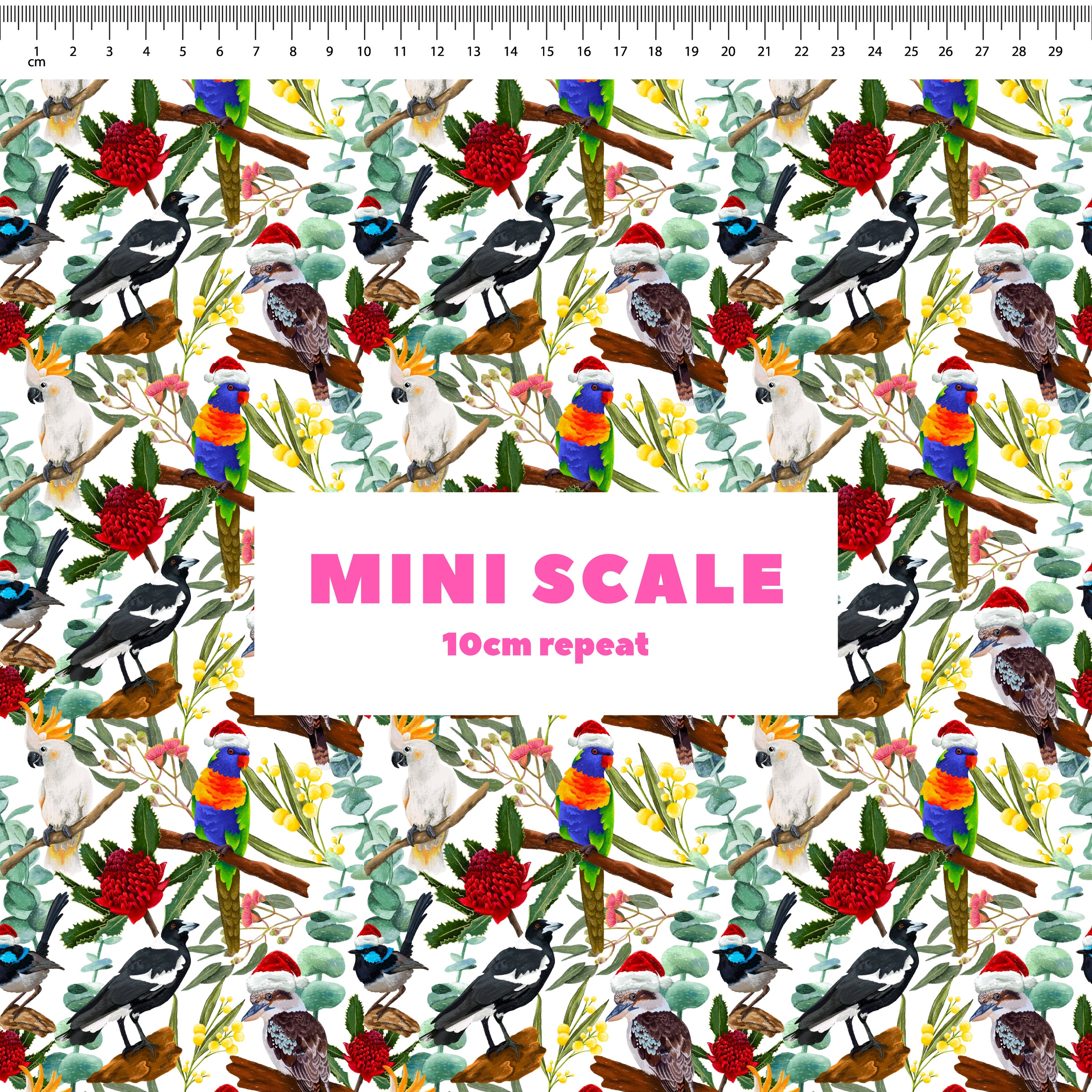 Aussie Christmas Birds w/ Santa Hats Preorder Fabric