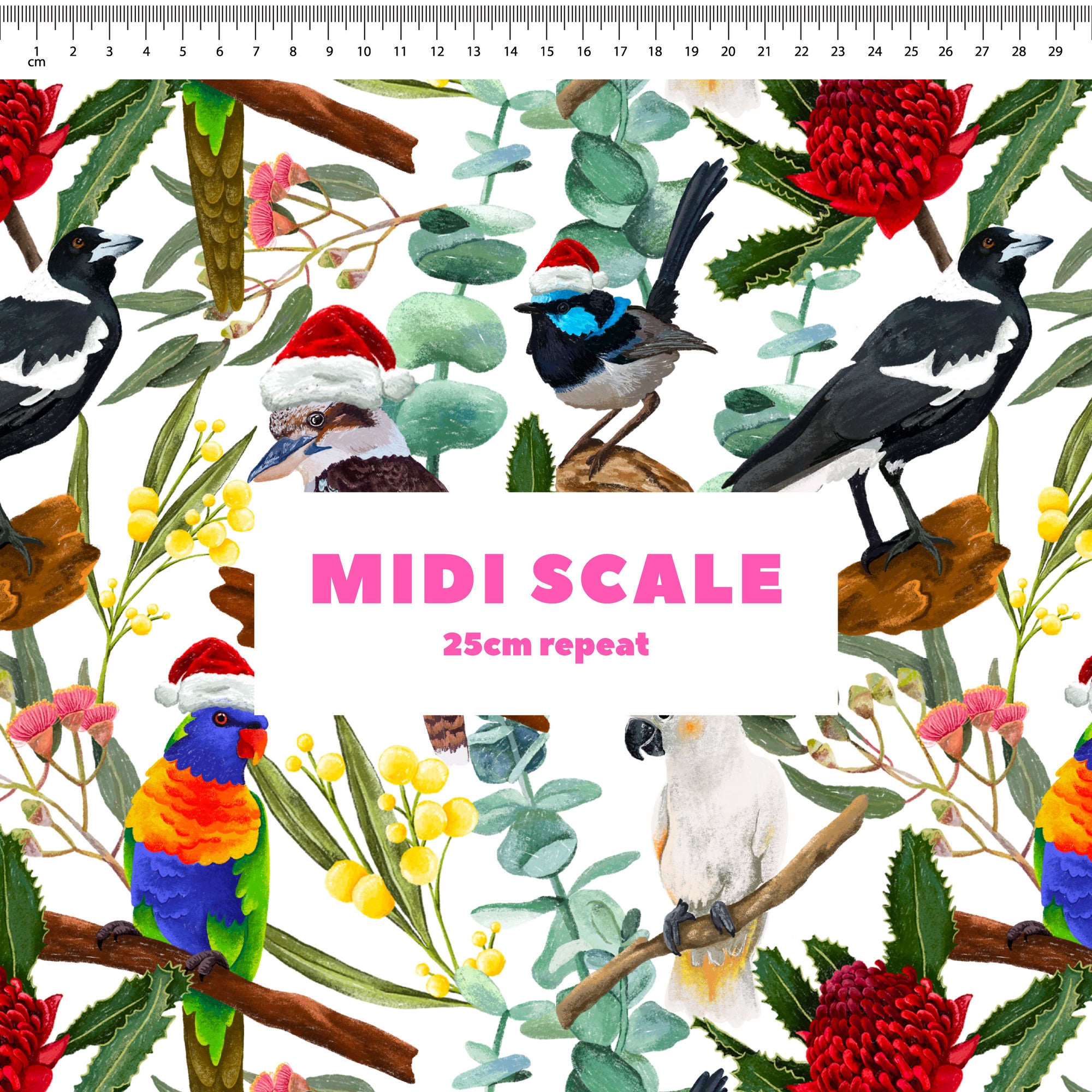 Aussie Christmas Birds w/ Santa Hats Preorder Fabric