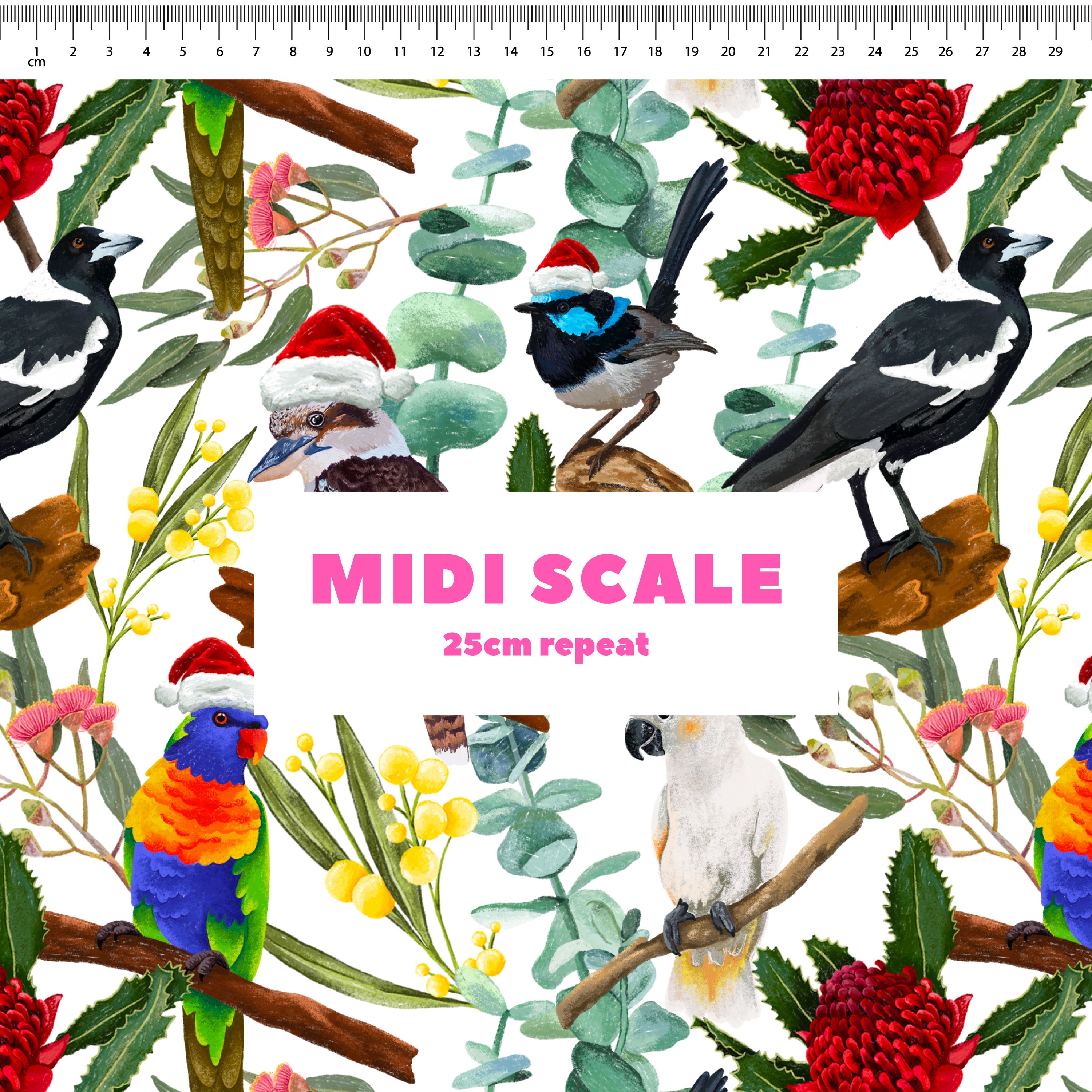 Aussie Christmas Birds w/ Santa Hats Preorder Fabric