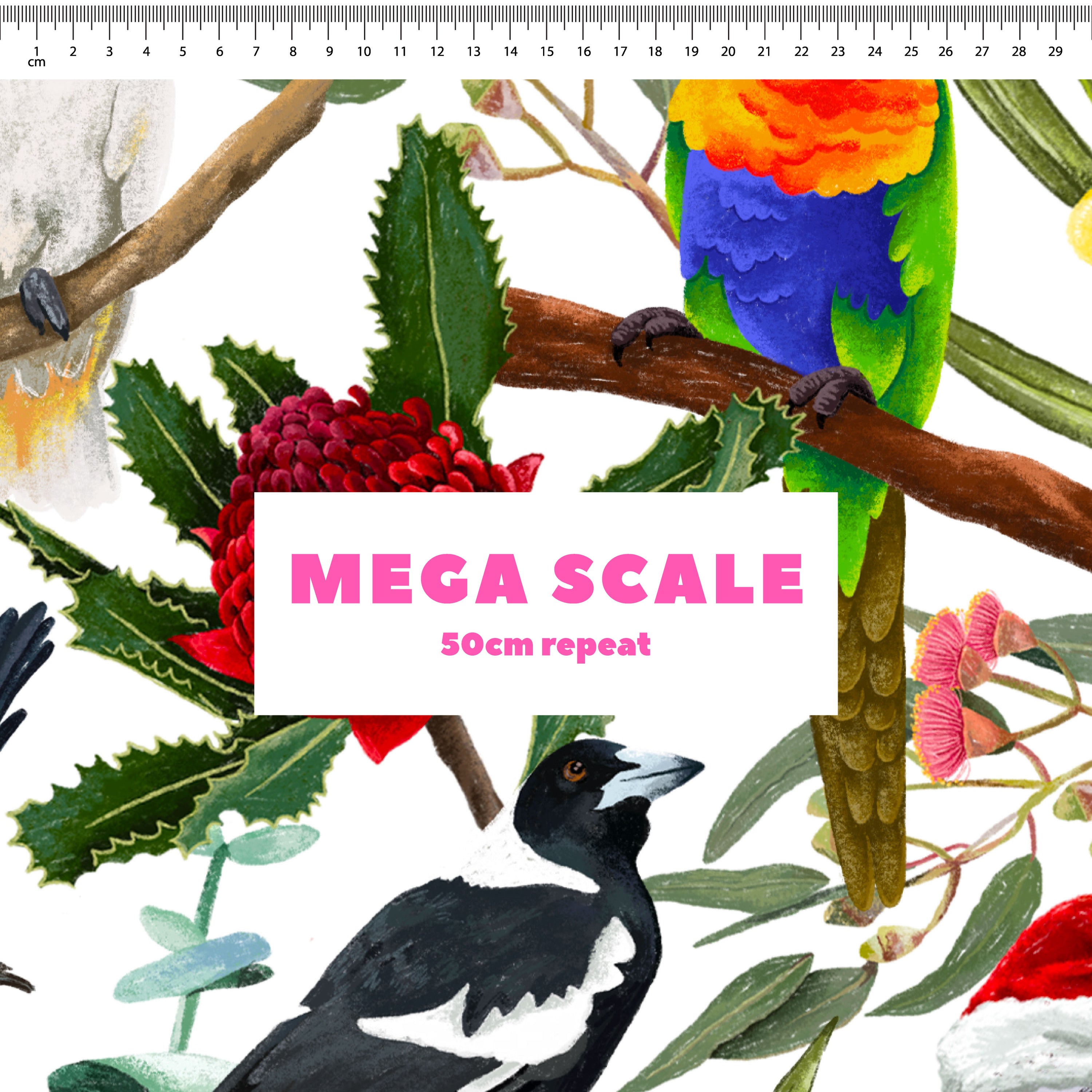 Aussie Christmas Birds w/ Santa Hats Preorder Fabric