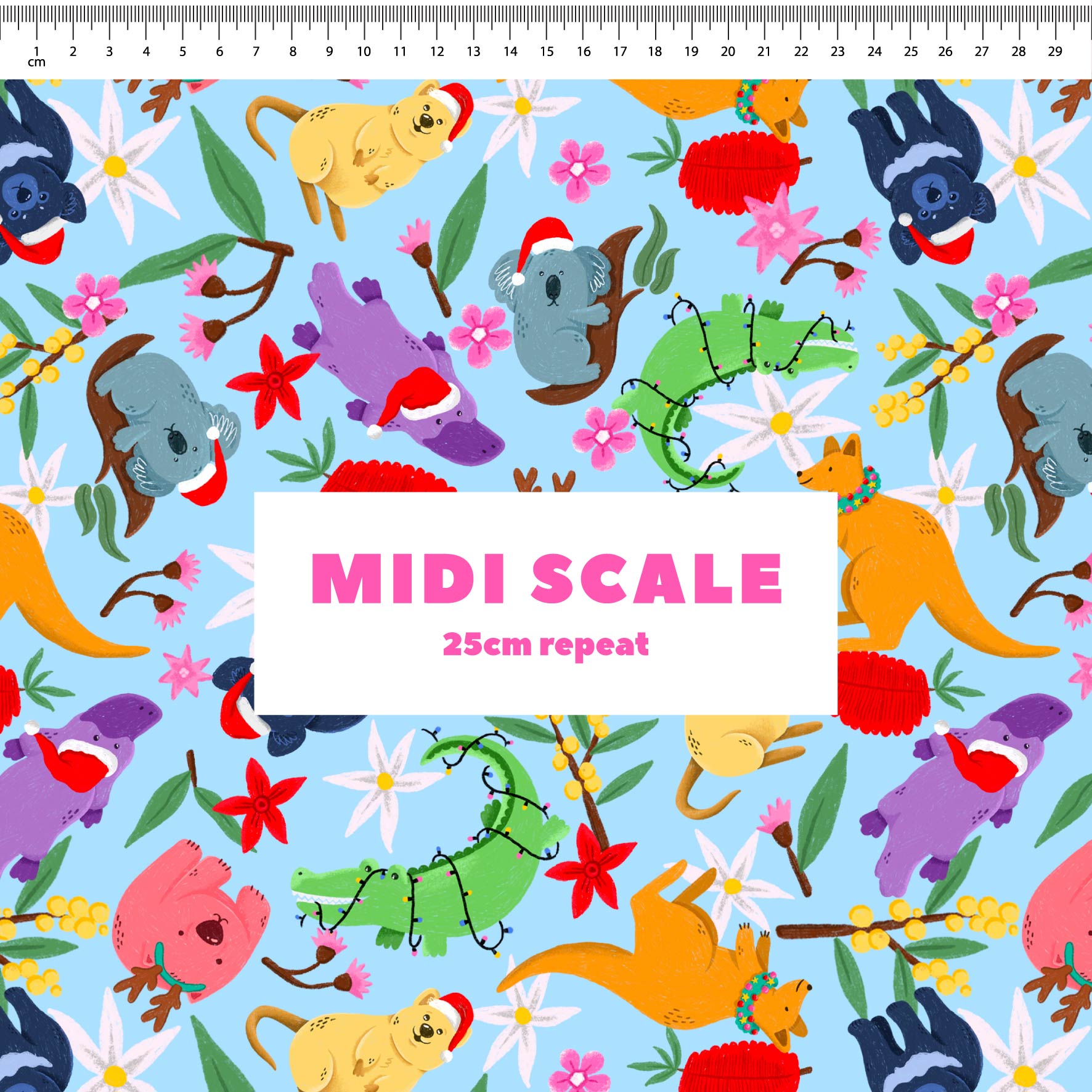 Aussie Christmas Animals (Blue) - 2m - Cotton Poplin - Midi Scale