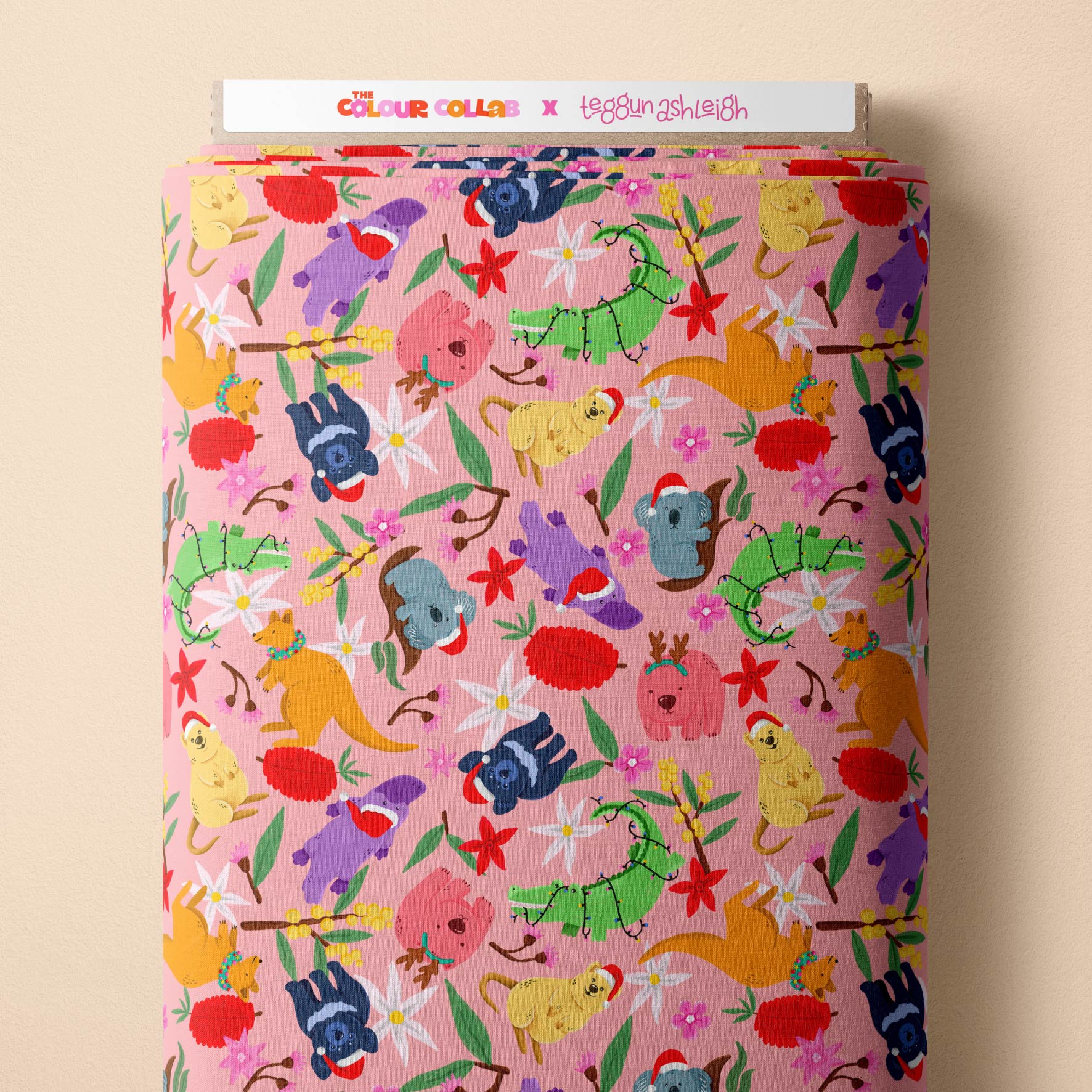 Aussie Christmas Animals (Peach) - 8m available - Cotton Woven - Midi Scale