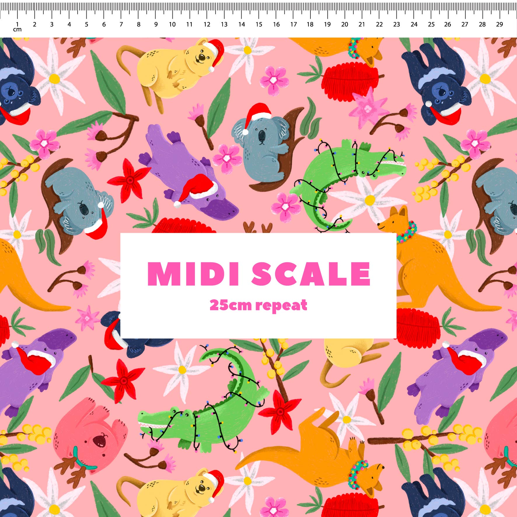 Aussie Christmas Animals (Peach) - 8m available - Cotton Woven - Midi Scale