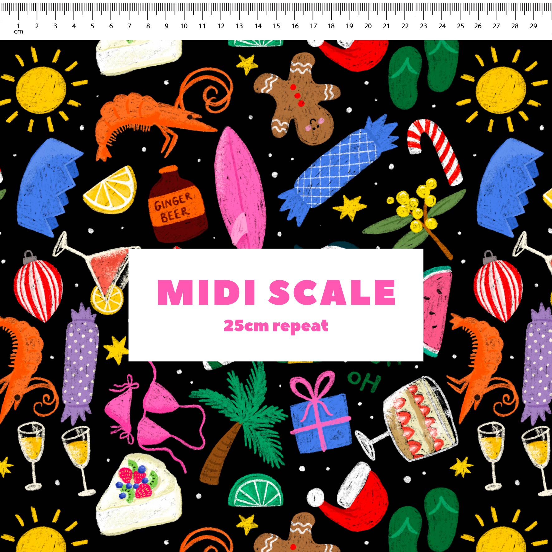 Aussie Christmas (Black) - 3m - Cotton Poplin - Midi Scale