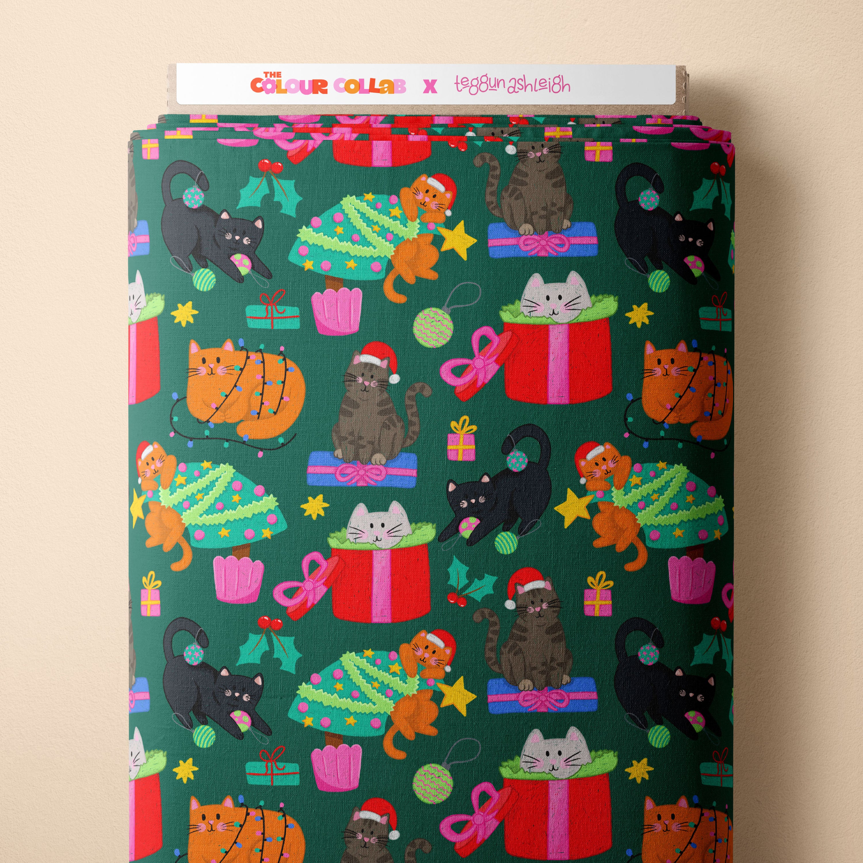 Christmas Cats (Green) Preorder Fabric
