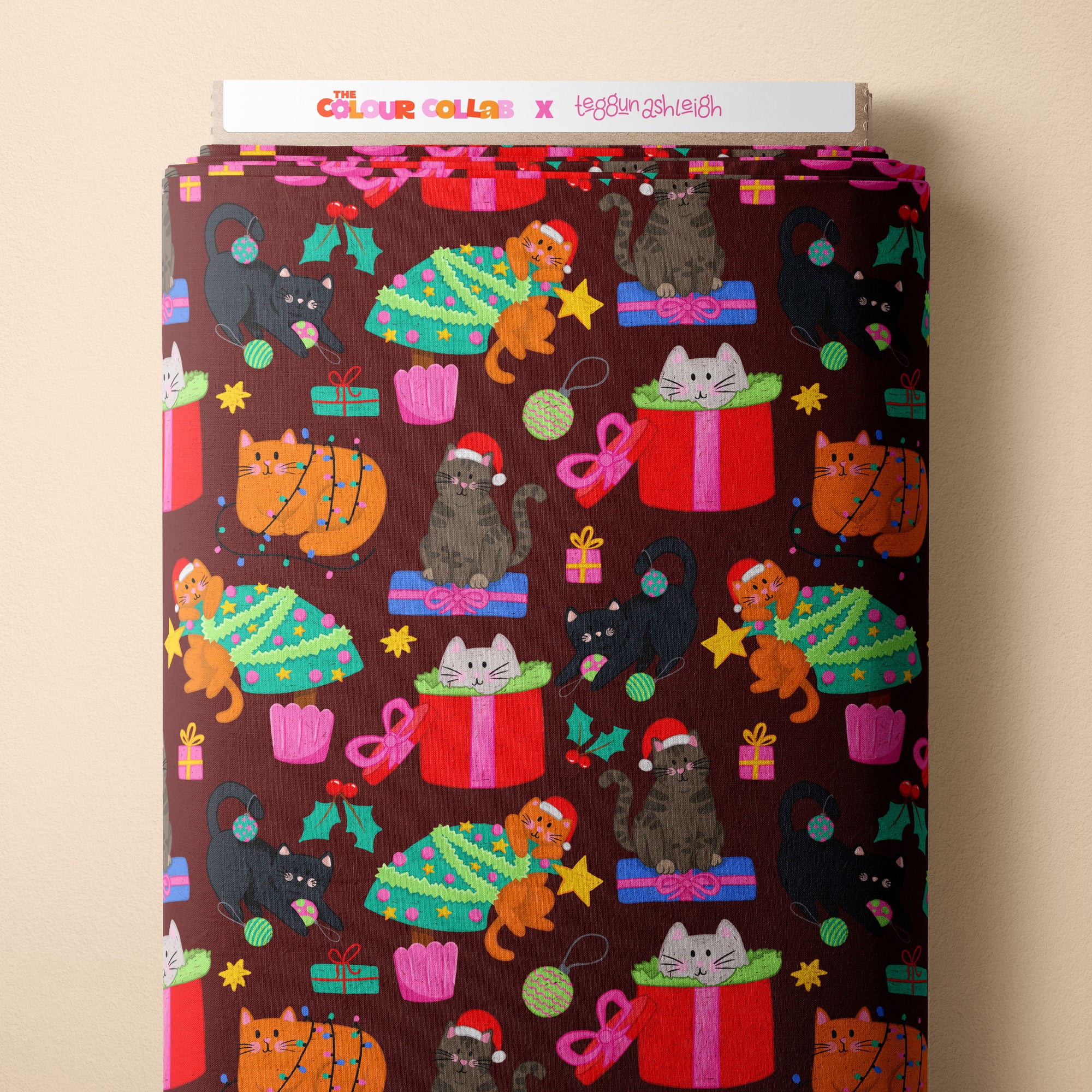 Christmas Cats (Maroon) Preorder Fabric