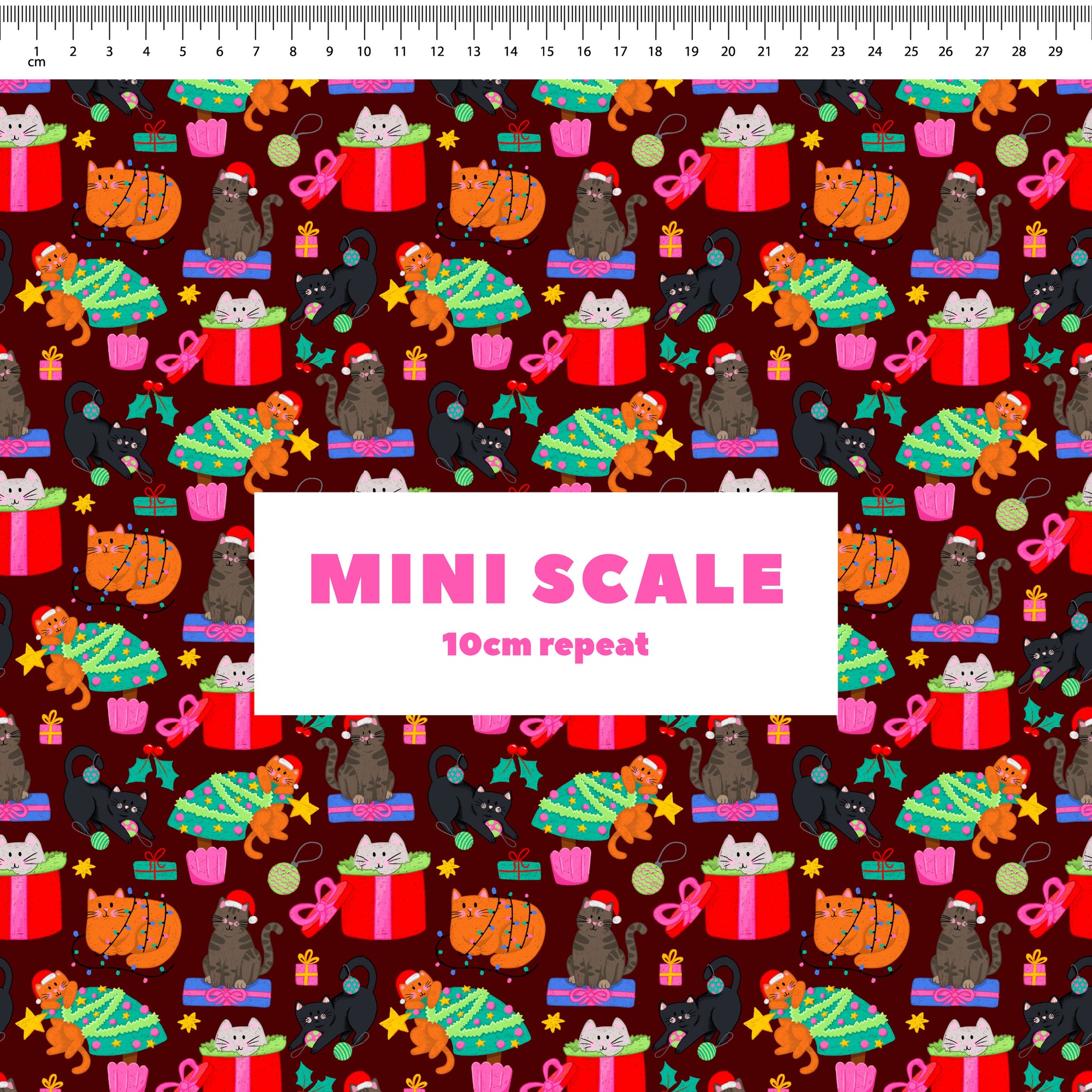 Christmas Cats (Maroon) Preorder Fabric