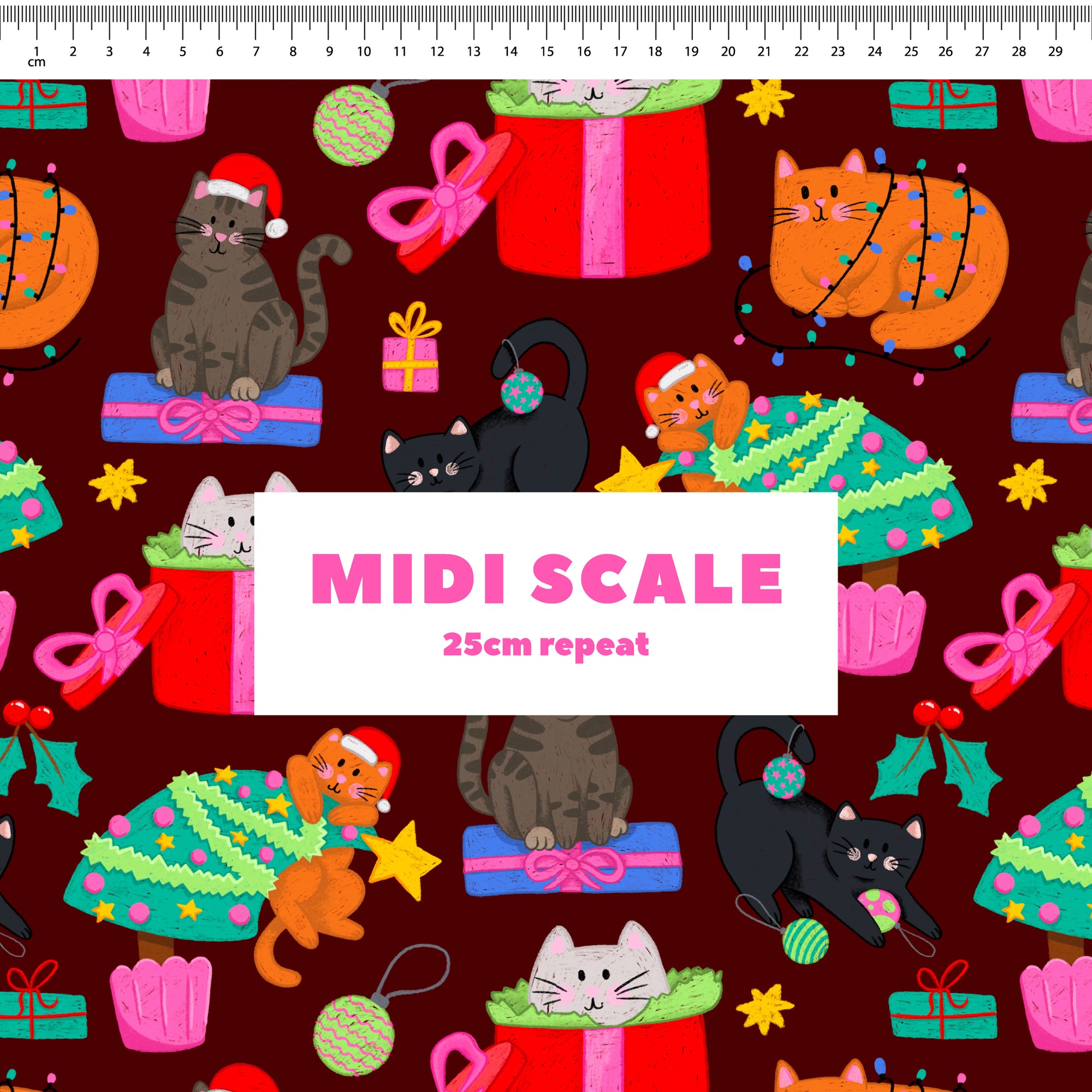 Christmas Cats (Maroon) Preorder Fabric