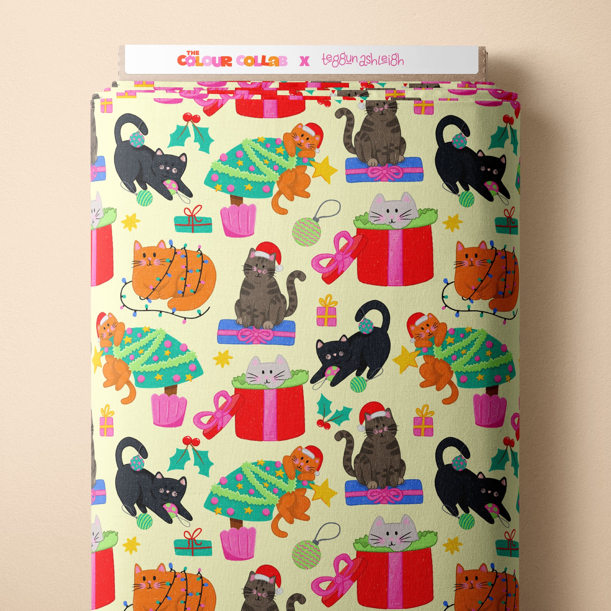 Christmas Cats (Light Yellow) Preorder Fabric