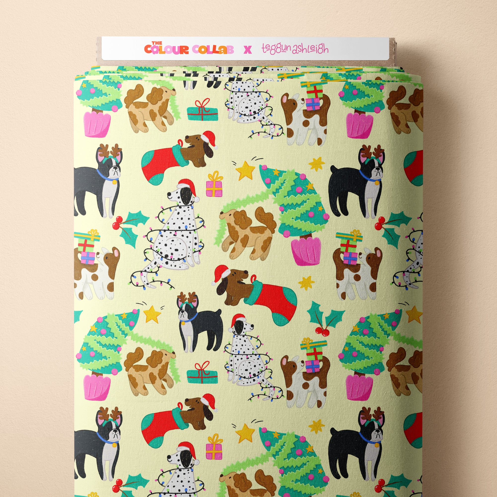 Christmas Dogs (Light Yellow) Preorder Fabric