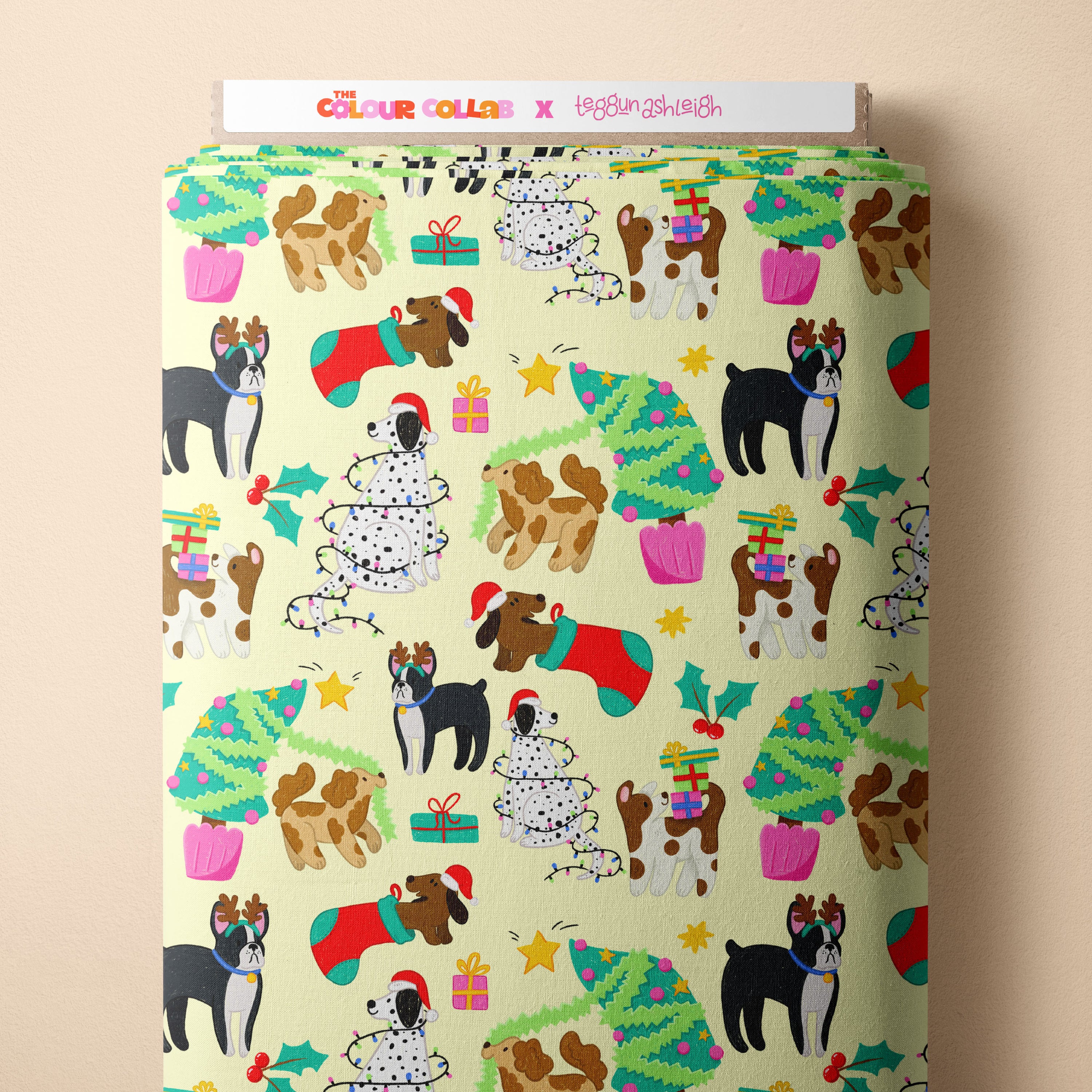 Christmas Dogs (Light Yellow) Preorder Fabric