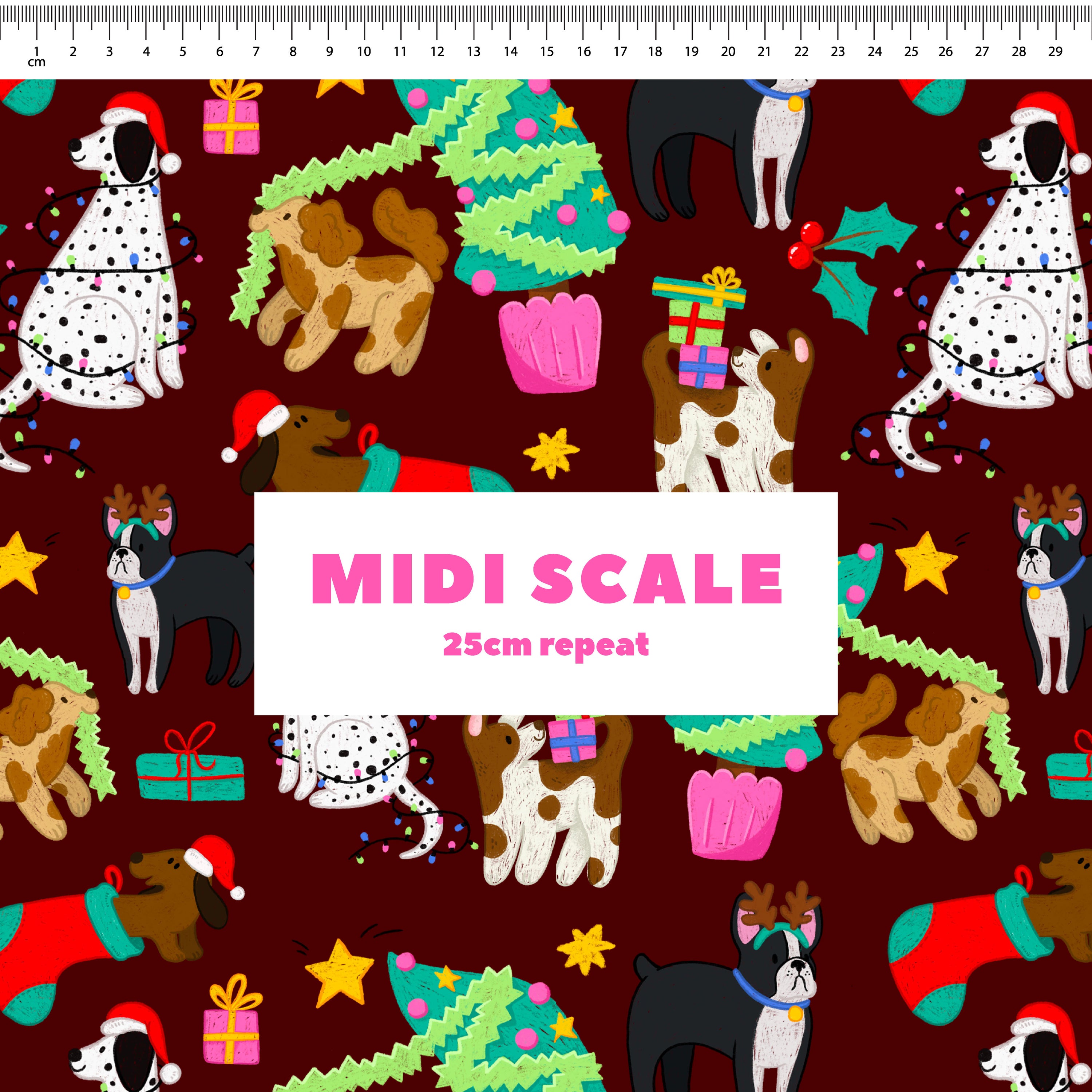 Christmas Dogs (Maroon) Preorder Fabric