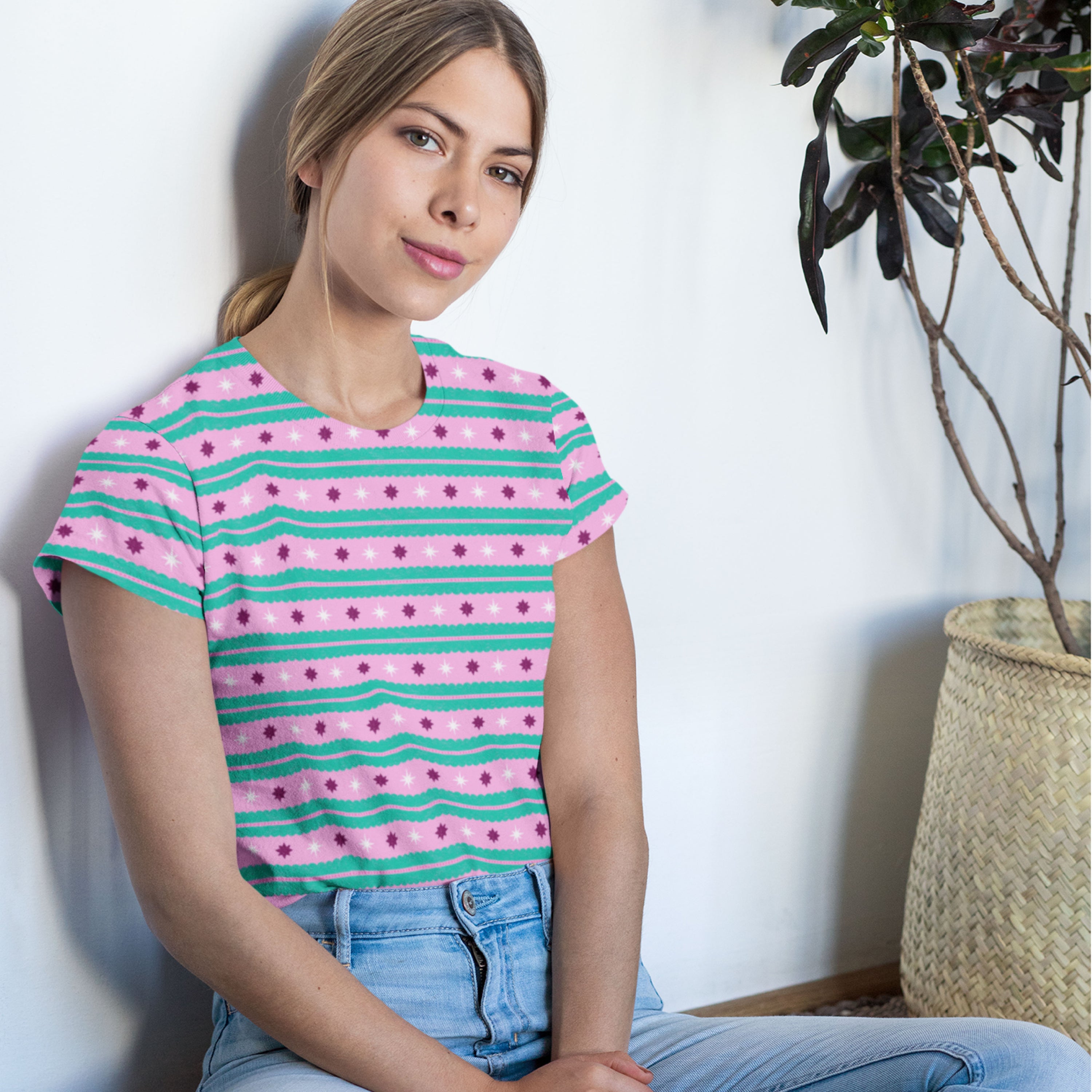 Christmas Folk Stripes (Pink) Preorder Fabric