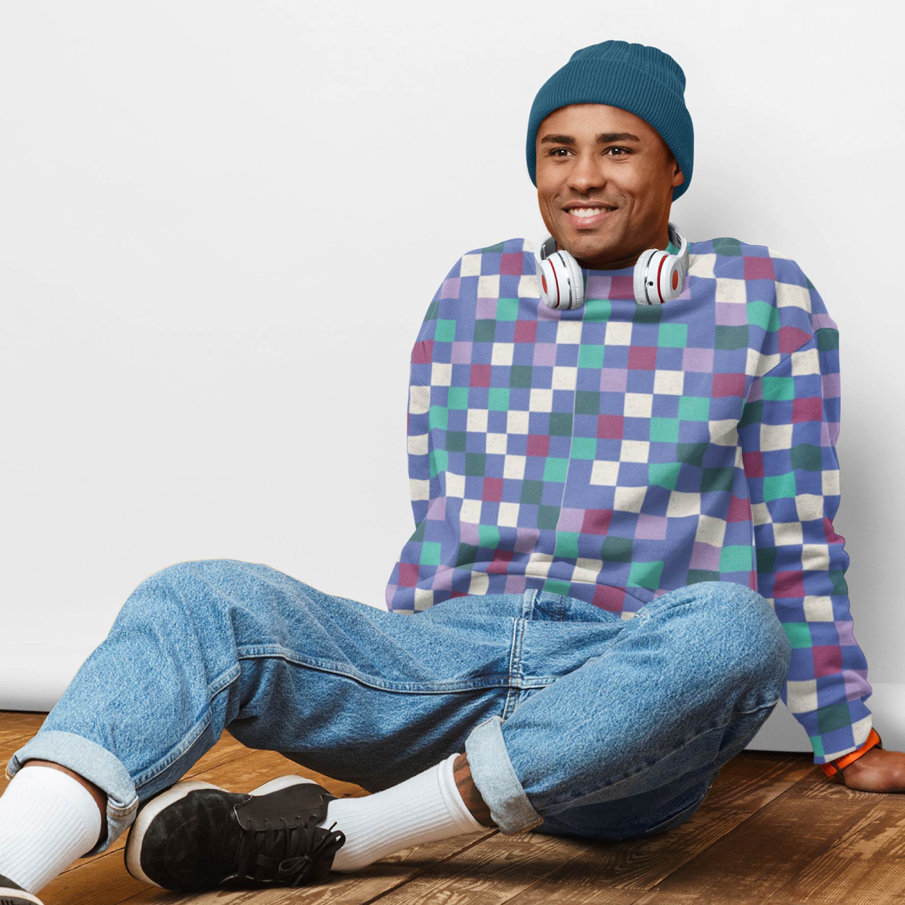 Coloured Checkerboard (Blue) Preorder Fabric by New Kid Club