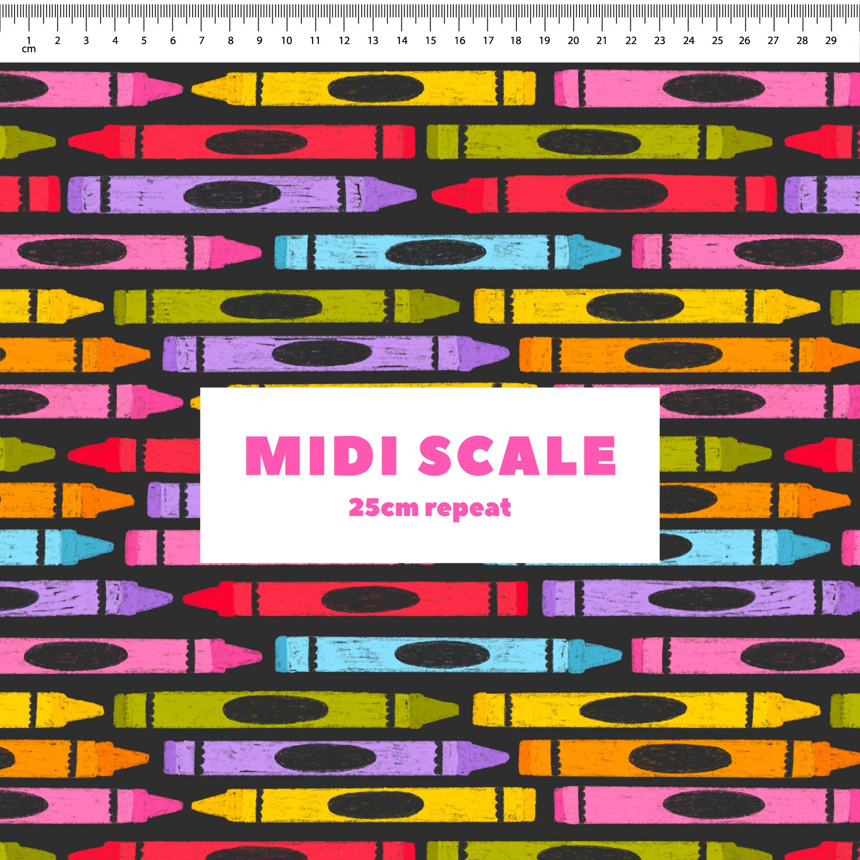 Crazy Crayons (Black) fabric design by The Colour Collab in 25cm Midi Scale