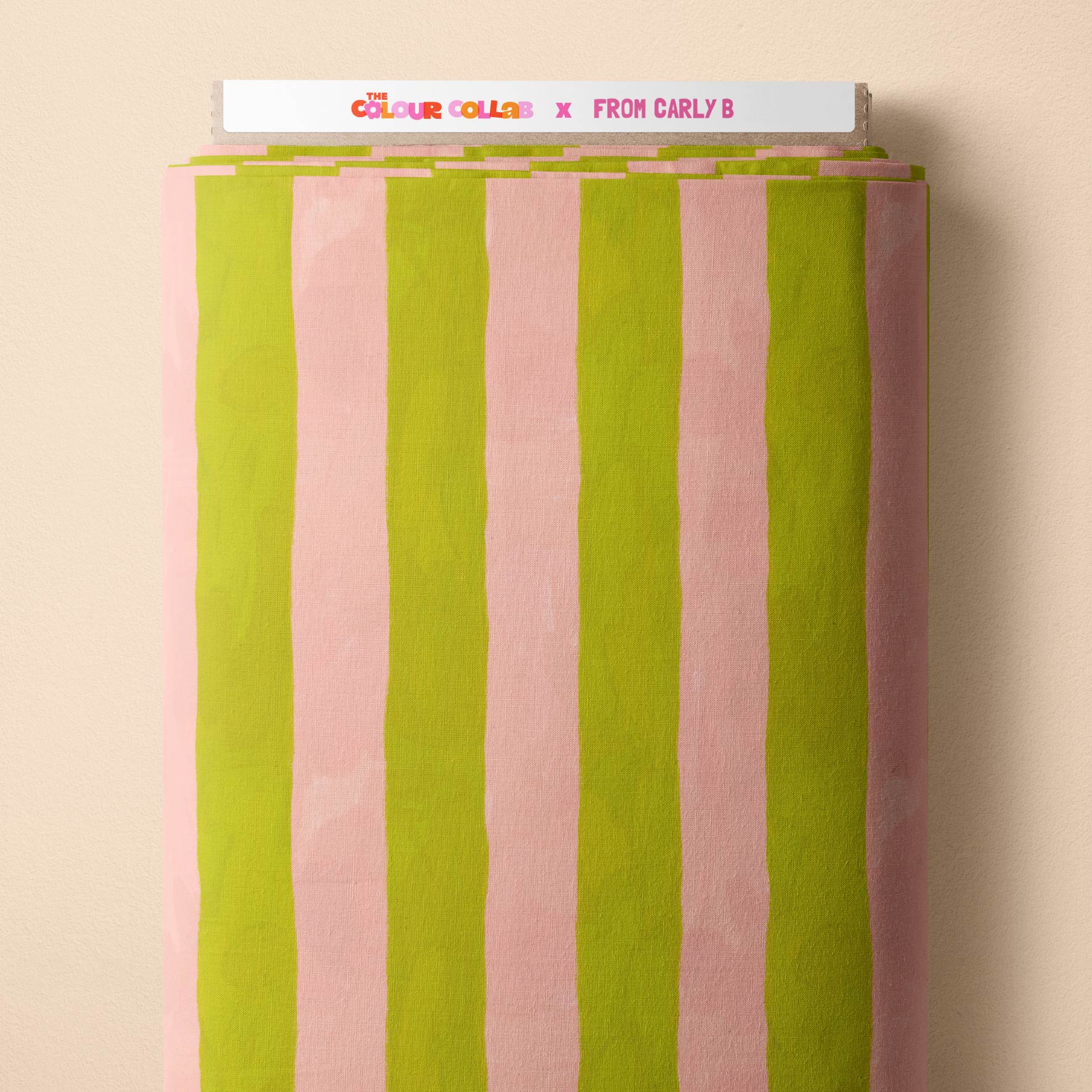 Darling Stripes (Grass & Tutu) fabric by Carly B mock up on fabric bolt