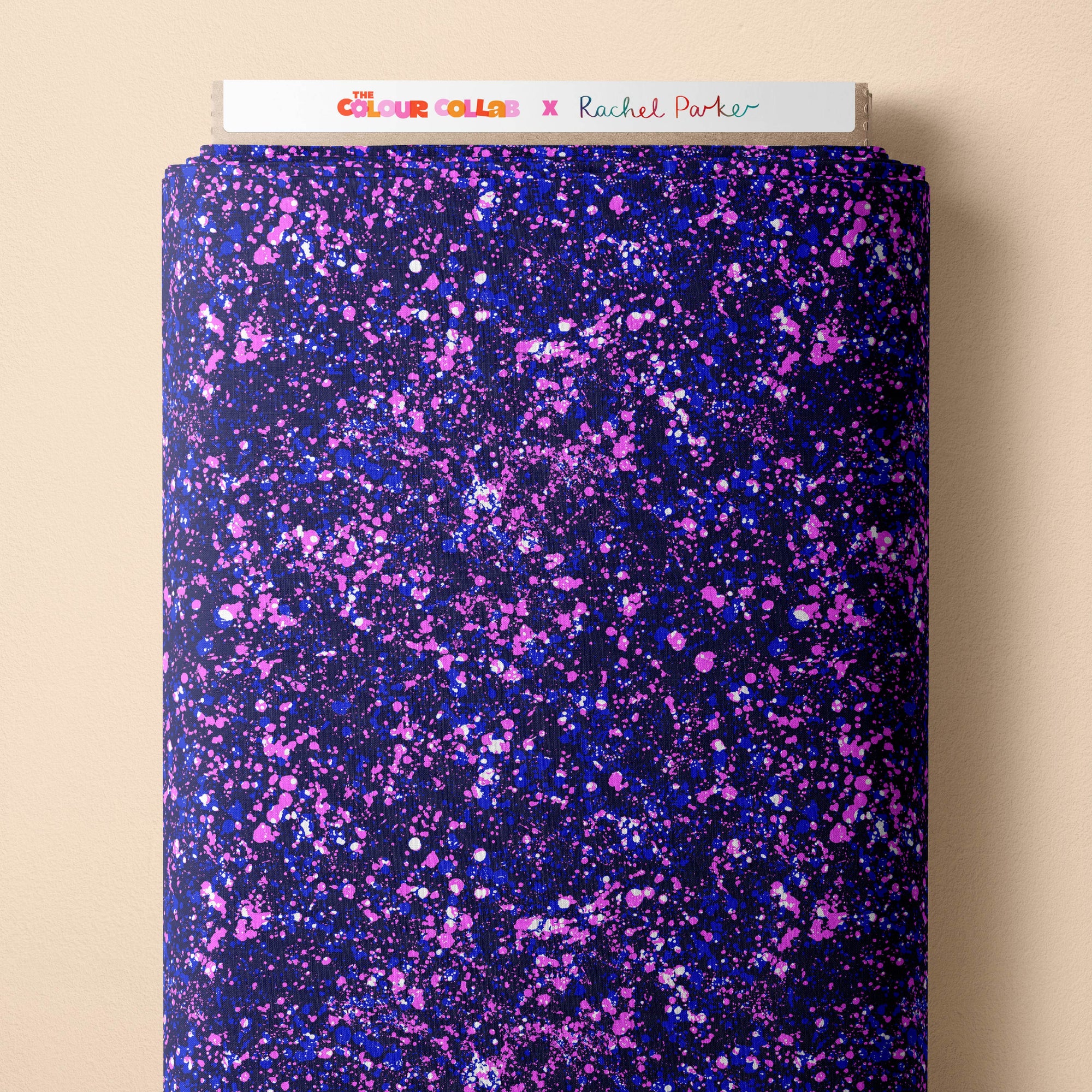Dash (Navy) fabric by Rachel Parker mock up on fabric bolt