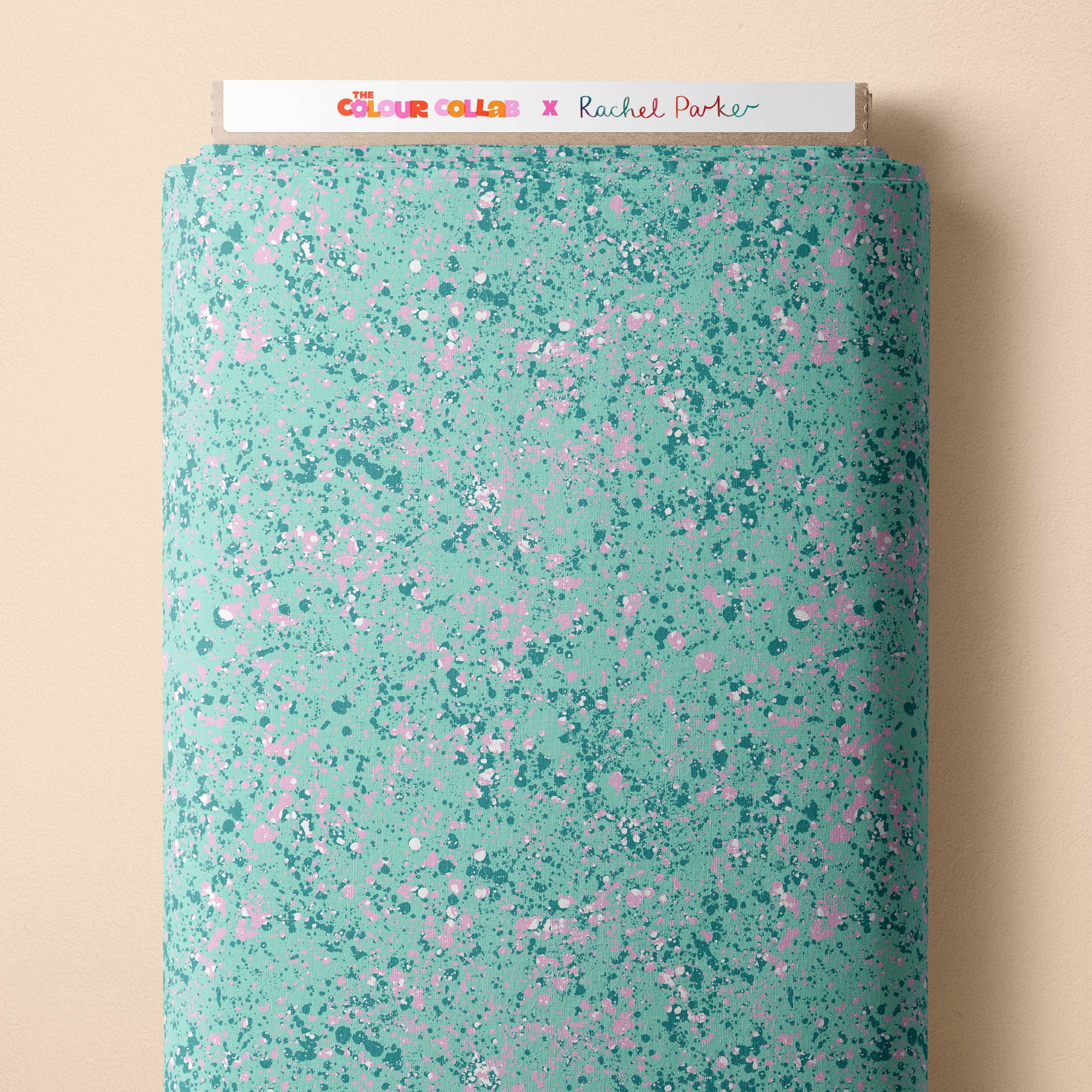 Dash (Seafoam) fabric by Rachel Parker mock up on fabric bolt