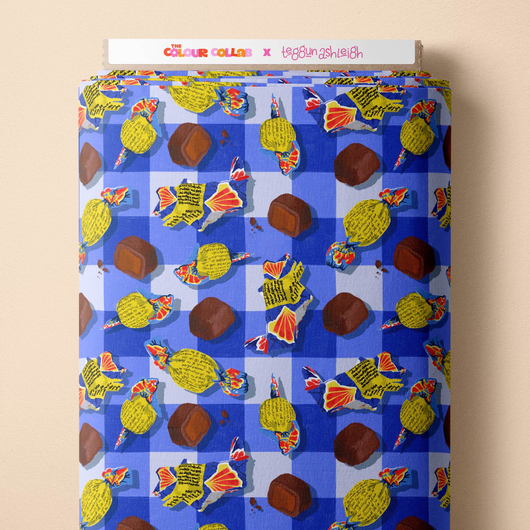 Fantales fabric by The Colour Collab mock up on fabric bolt