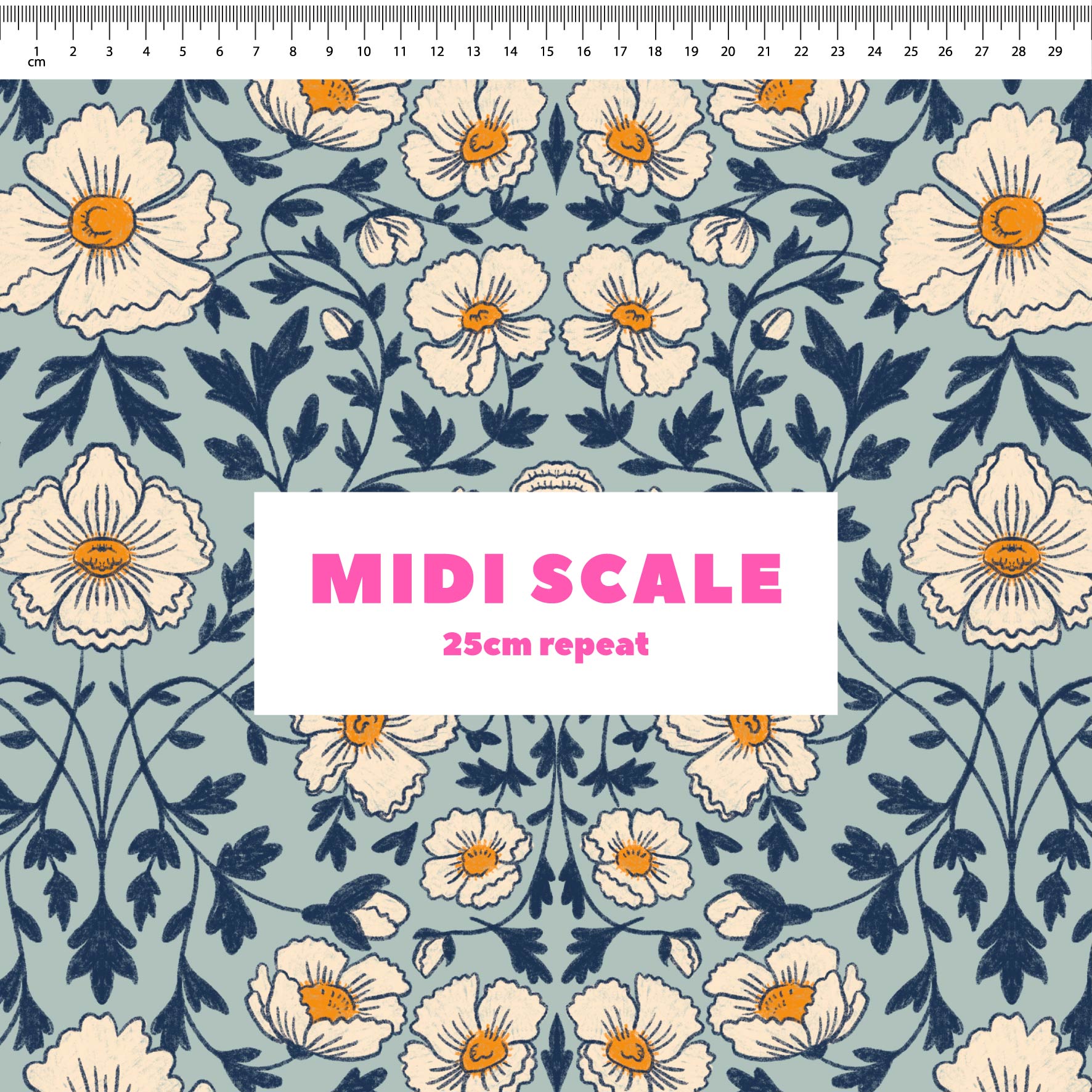Flora (Blue) - 1m - Cotton Woven - Midi Scale