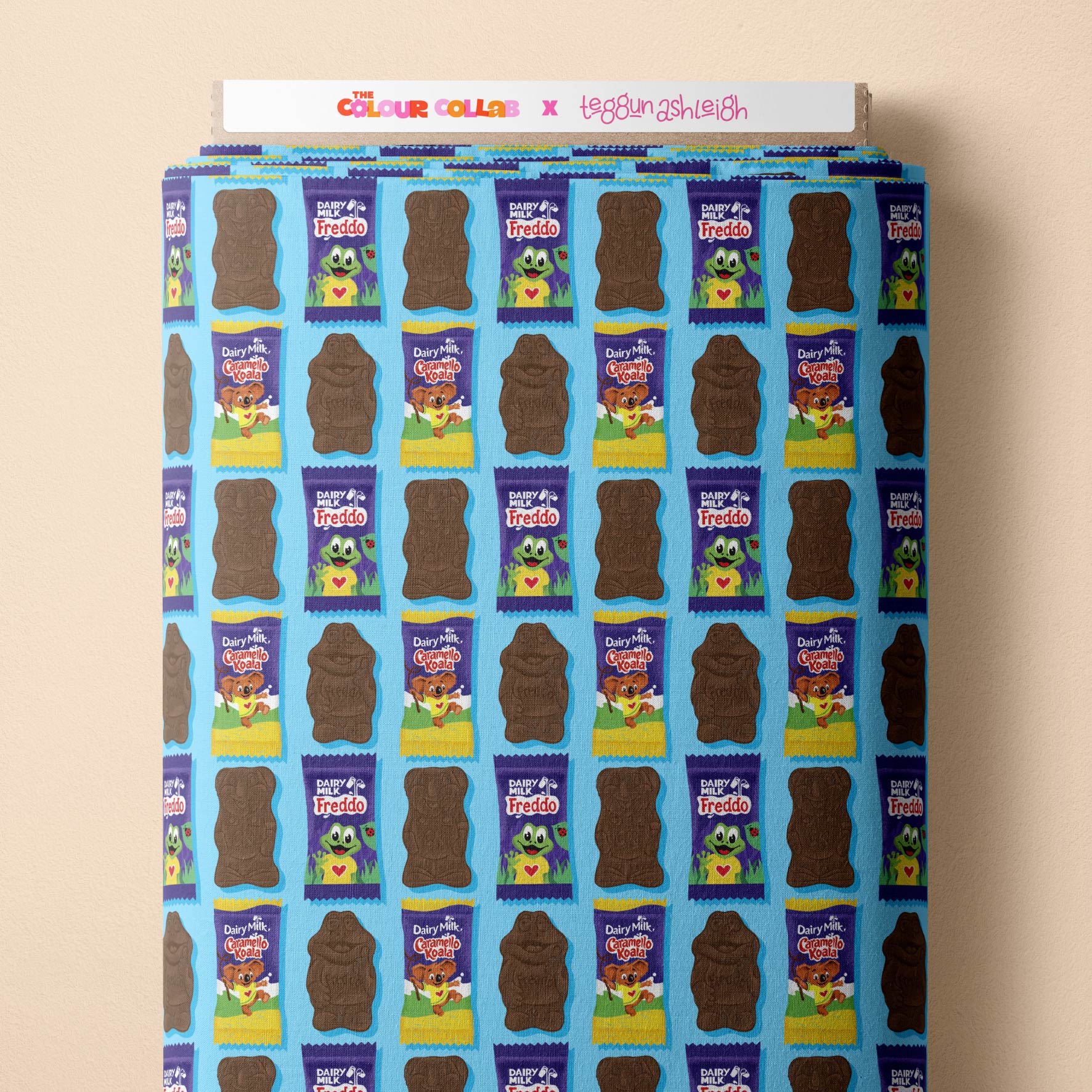 Freddo & Caramello (Blue) fabric by The Colour Collab mock up on fabric bolt