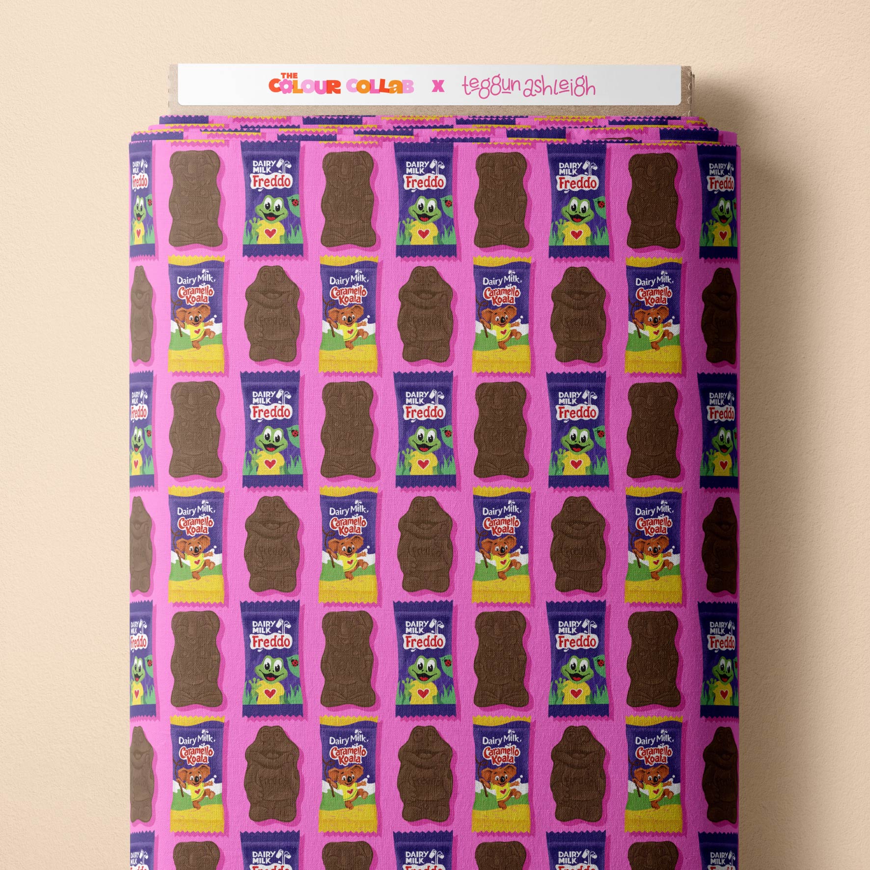 Freddo & Caramello (Pink) fabric by The Colour Collab mock up on fabric bolt