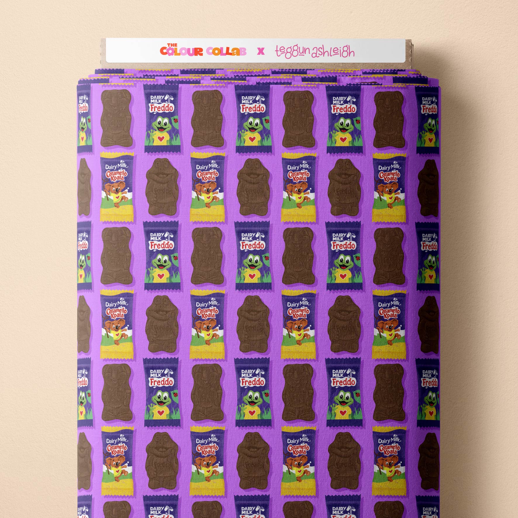 Freddo & Caramello (Purple) fabric by The Colour Collab mock up on fabric bolt