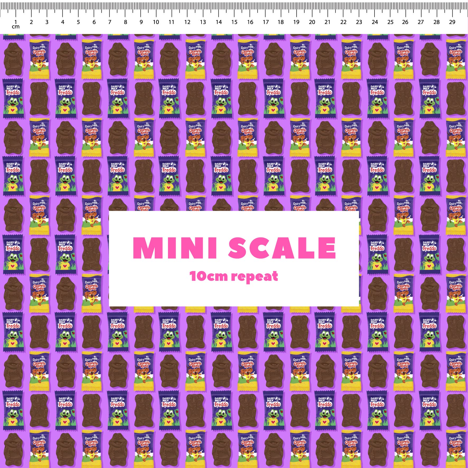 Freddo & Caramello (Purple) printed cotton fabric by The Colour Collab in 10cm Mini Scale