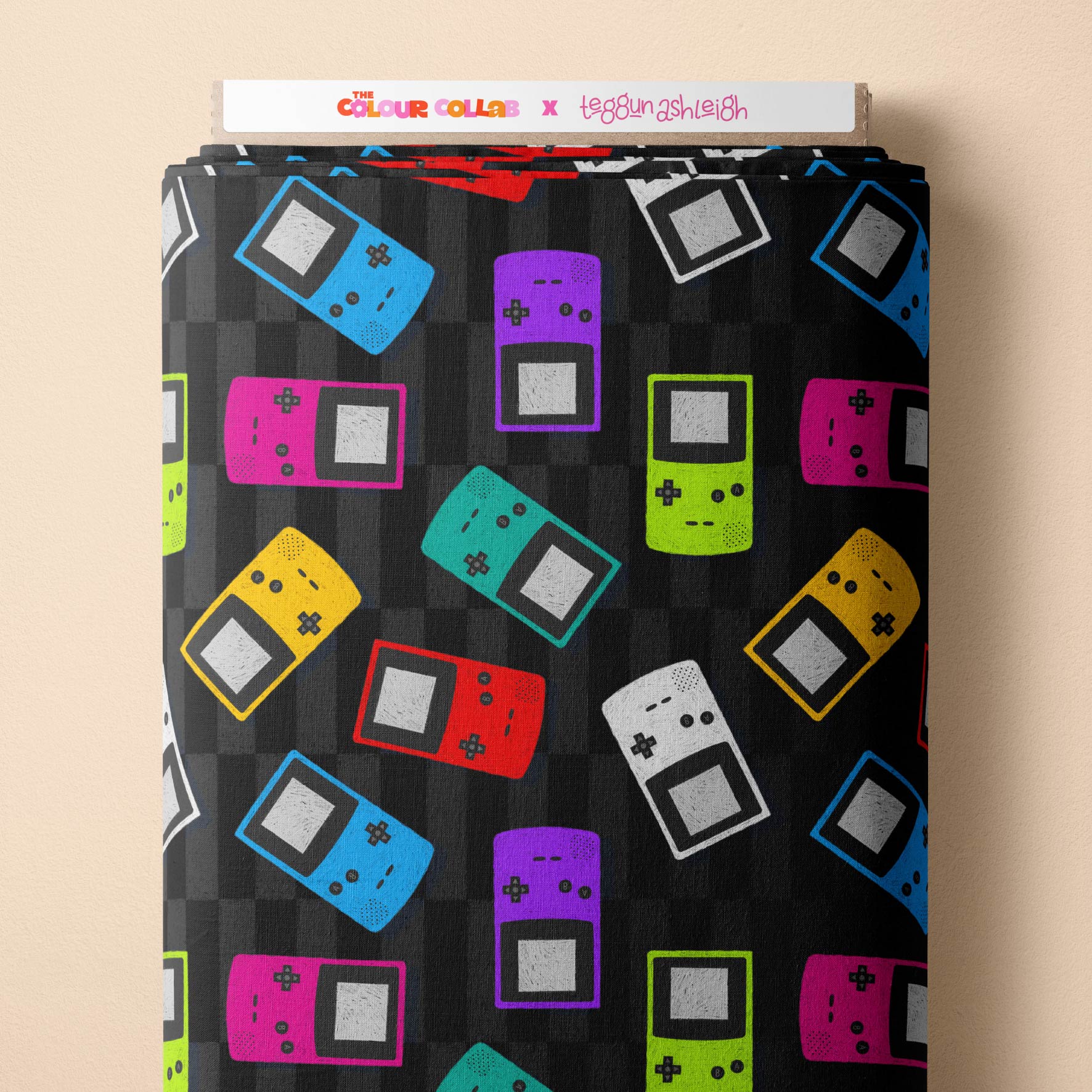 Gameboy (Black) fabric by The Colour Collab mock up on fabric bolt