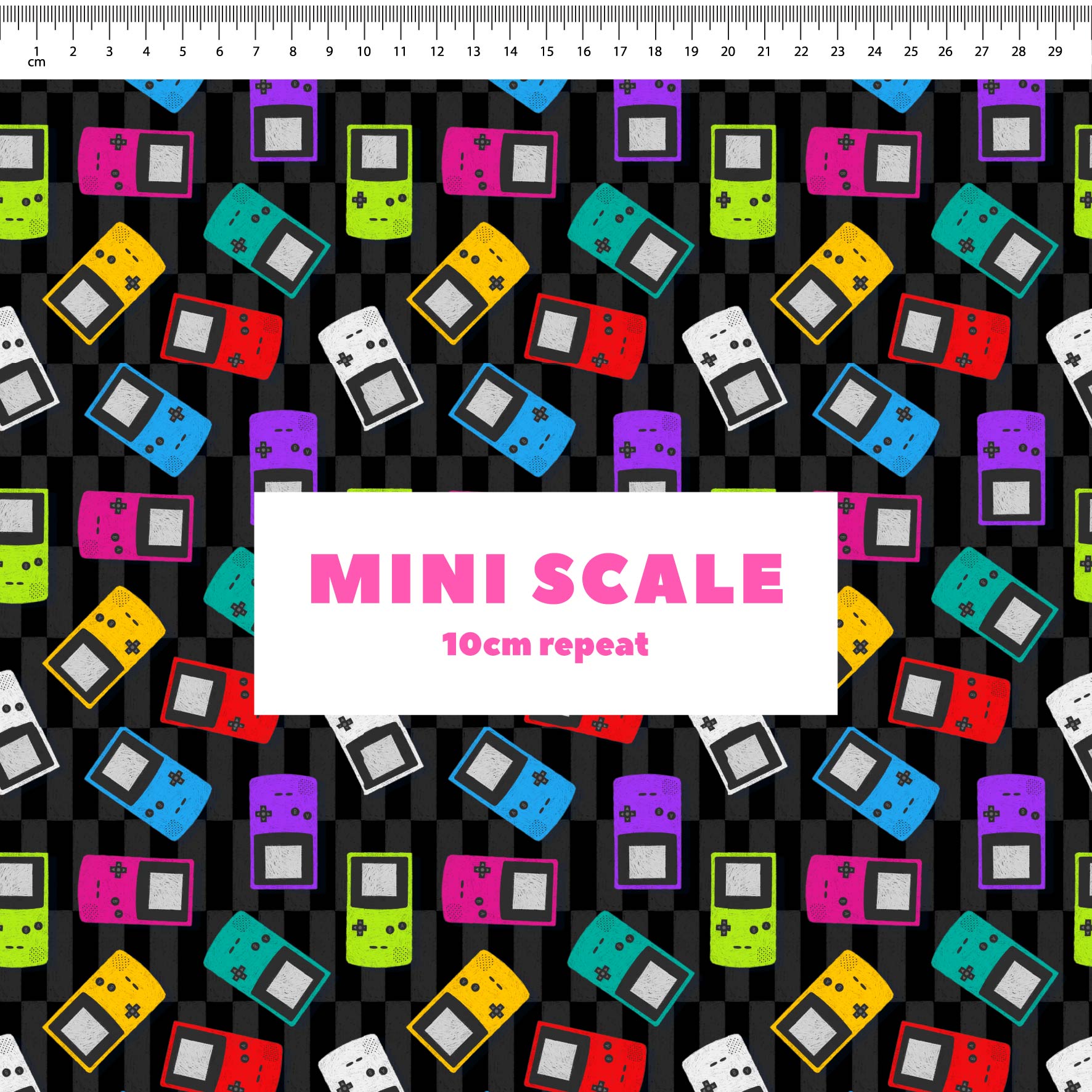 Gameboy (Black) printed cotton fabric by The Colour Collab in 10cm Mini Scale