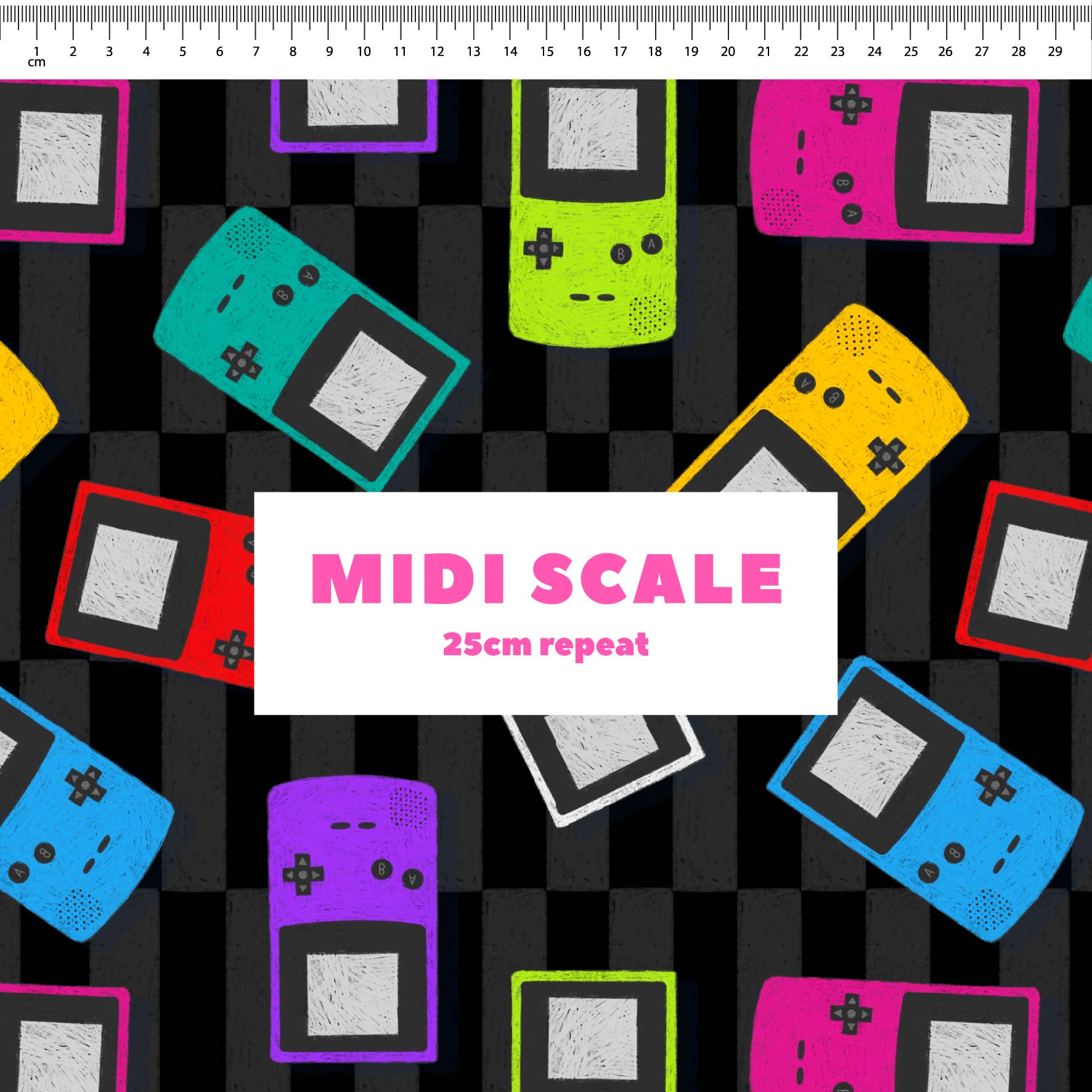 Gameboy (Black) fabric design by The Colour Collab in 25cm Midi Scale