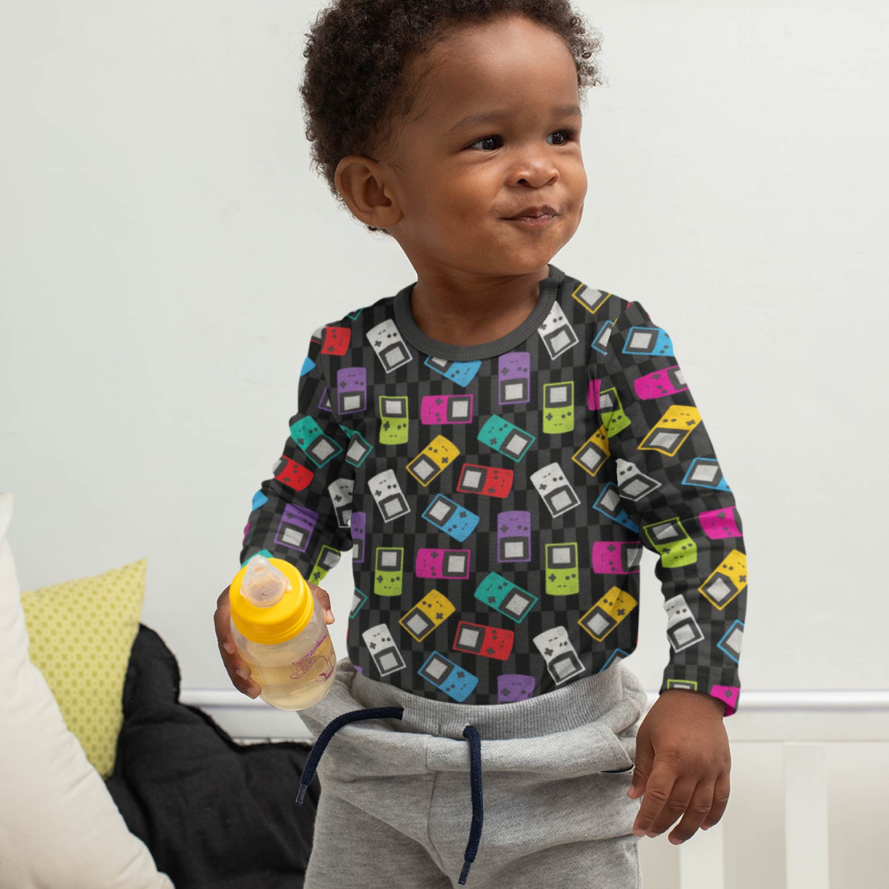 Gameboy (Black) colourful printed fabric by The Colour Collab