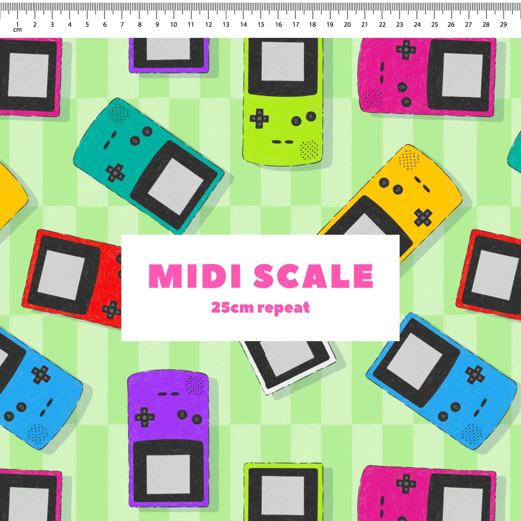 Gameboy (Green) fabric design by The Colour Collab in 25cm Midi Scale