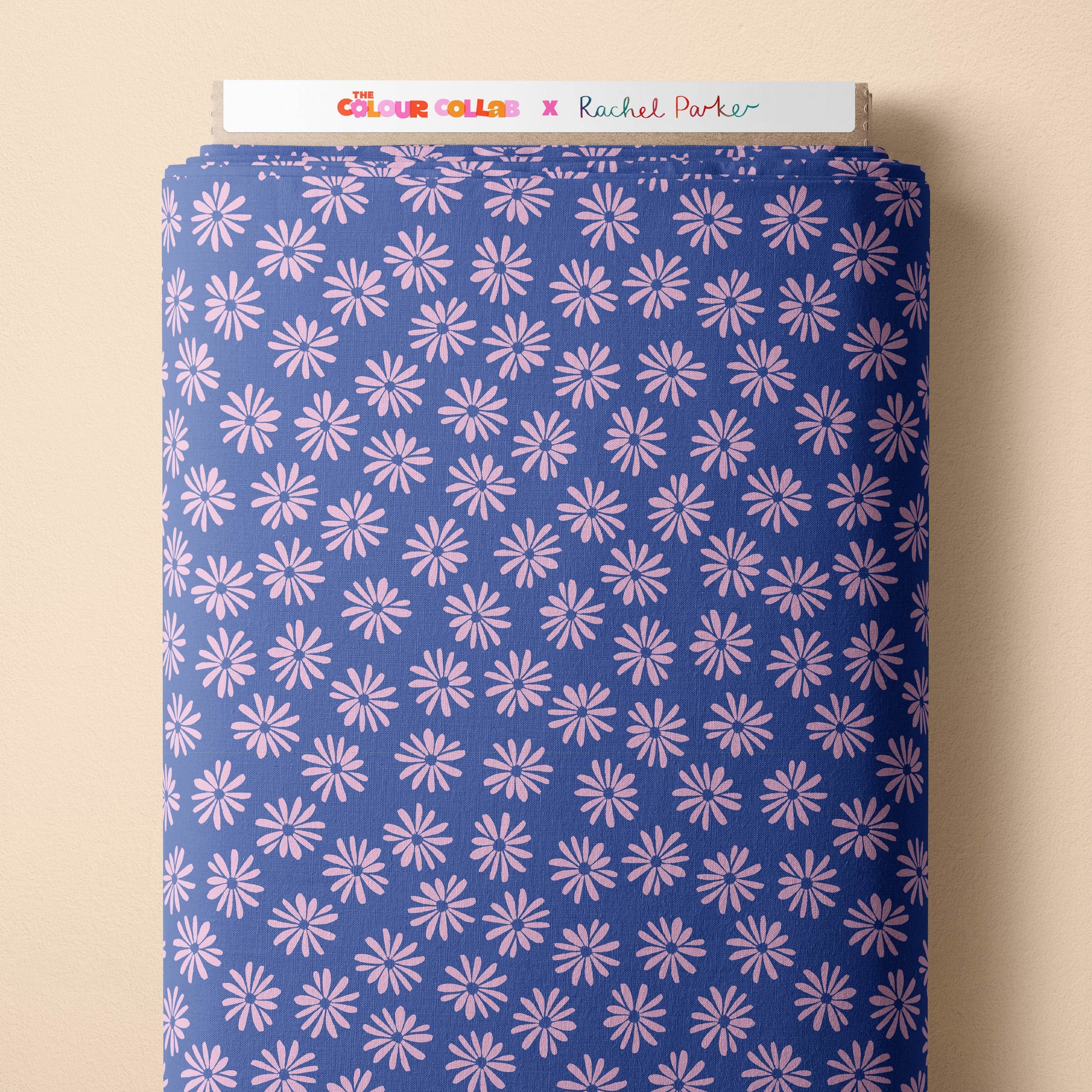 Halo Daisy (Blueberry) fabric by Rachel Parker mock up on fabric bolt