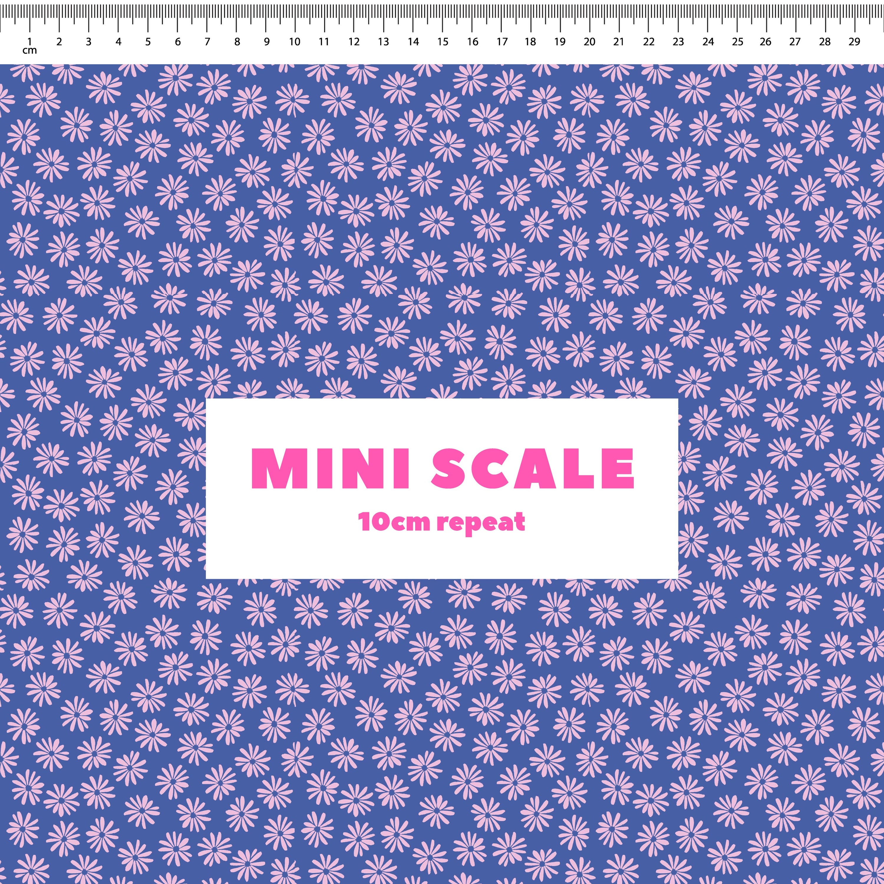 Halo Daisy (Blueberry) printed cotton fabric by Rachel Parker in 10cm Mini Scale